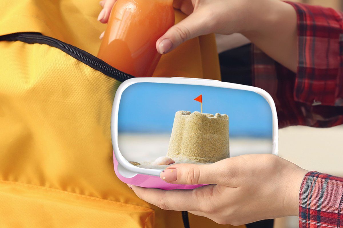 Kunststoff Sandburg Sommer, für Brotdose Muscheln Kinder, - Snackbox, Kunststoff, Erwachsene, MuchoWow - Brotbox Mädchen, - rosa (2-tlg), Strand Lunchbox