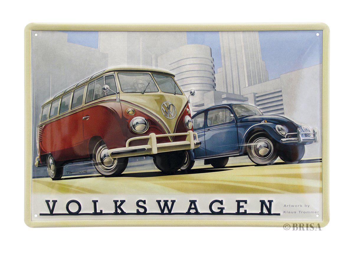 VW Collection by BRISA Metallschild Volkswagen Retro-Blech-Schild-Vintage-Dekoration, (Made in Germany, 1 Stück), Geschenk-Idee aus Metall im T1 Bus & Käfer Design, 30x20 cm