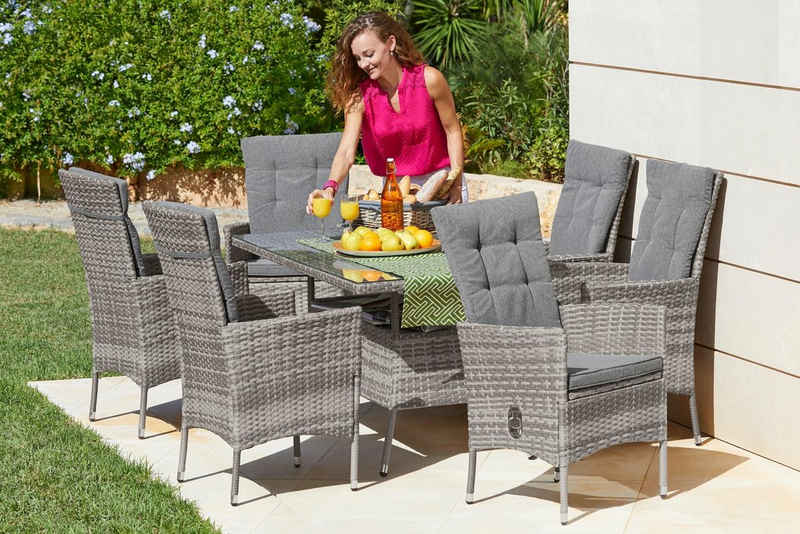 KONIFERA Garten-Essgruppe Belluno, (Set, 13-tlg., 6x Sessel, Tisch 150x80x 71,5 cm, Polyrattan, inkl. Auflagen), 2 der 6 Sessel stufenlos verstellbar, Stauraum unter dem Tisch, Grau