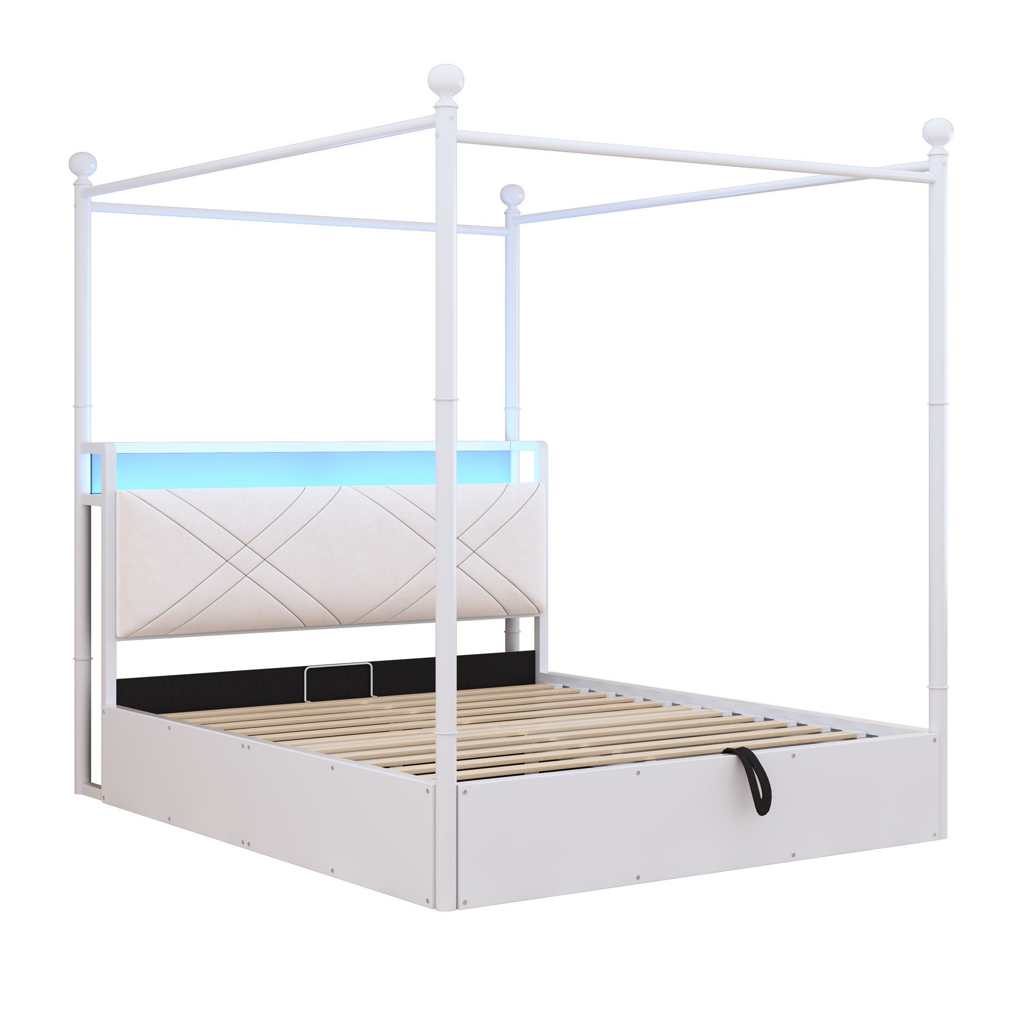 BlingBin Himmelbett Metallbett mit Baldachin, hydraulischem Bettkasten, LED und USB/Type-C (Stauraumbett, 1-tlg., 140x190 cm), Doppelbett aus Schmiedeeisen, mit abnehmbaren Bettpfosten, Weiß