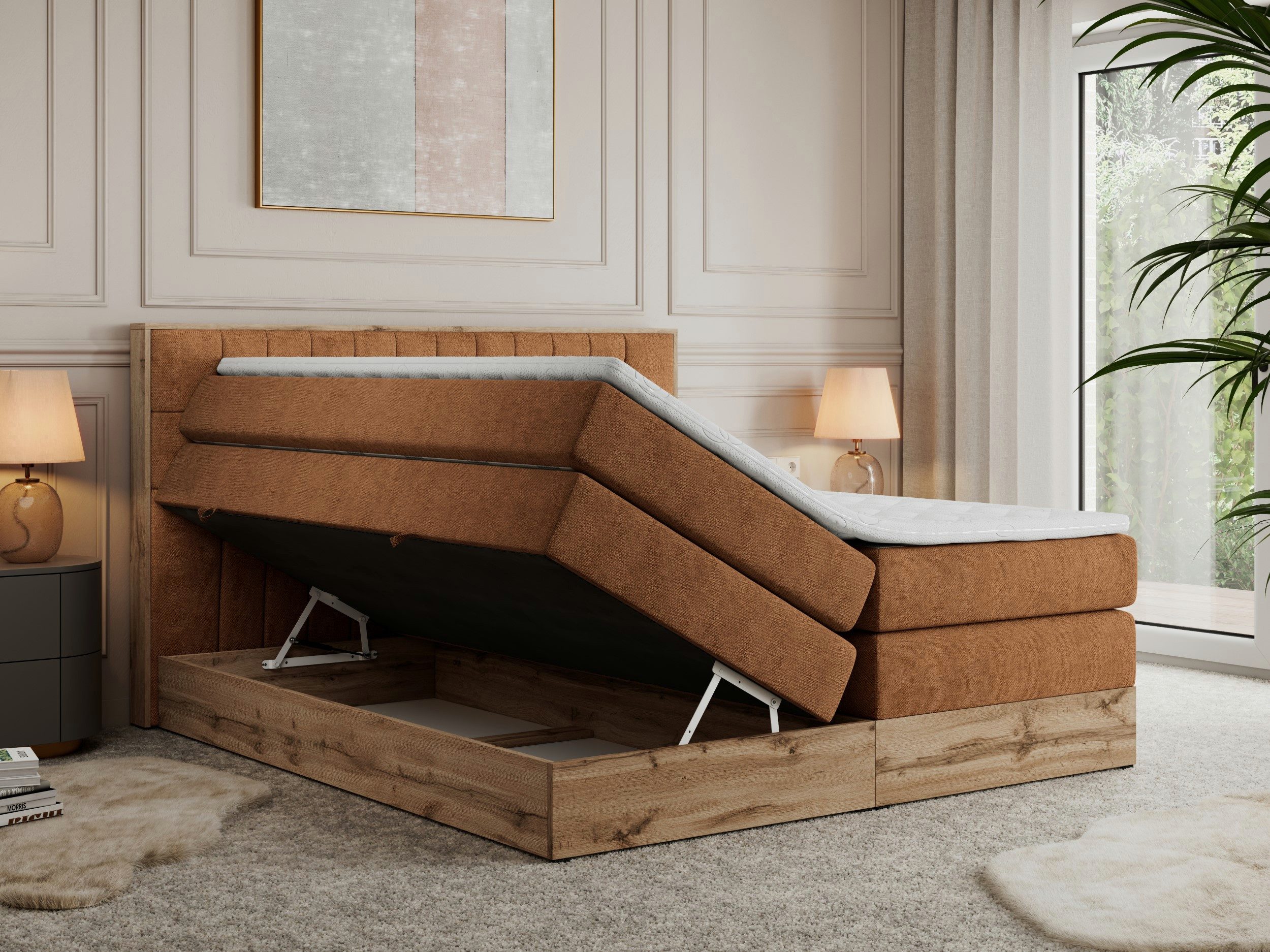 MKS MÖBEL Boxspringbett AMORE KING (Set, T30-Schaum, Topper T25/Visco, fünf Matratzen, zwei Bettkästen), mit Multipocket Matratzen, Boxspringbett, mit Möbelplatten