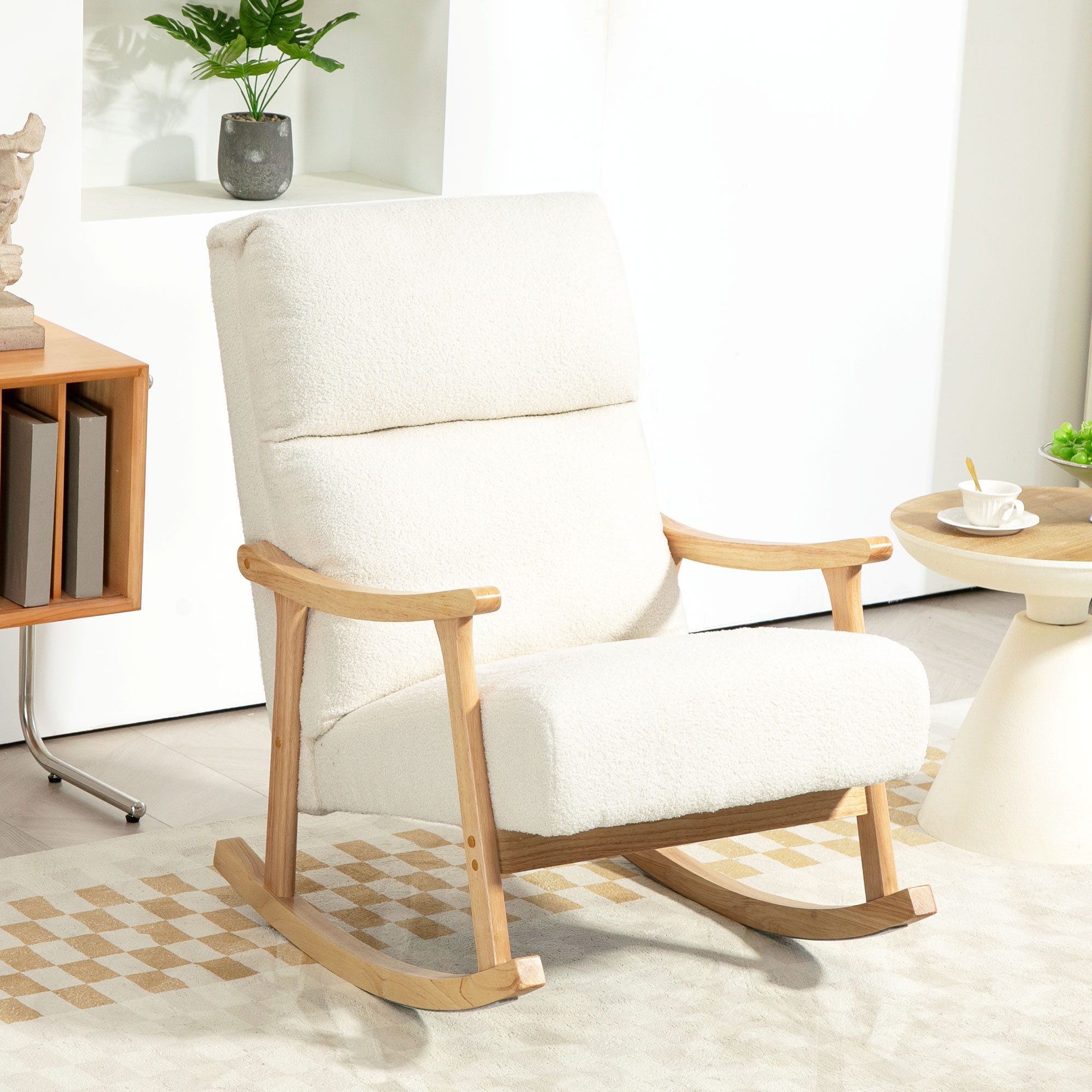 HOMCOM Schaukelstuhl Schaukelsessel mit Rückenlehne, Holzkufen, Sessel (Schwingsessel, 1 St), bis 120 kg belastbar, für Schlafzimmer, Wohnzimmer, Cremeweiß