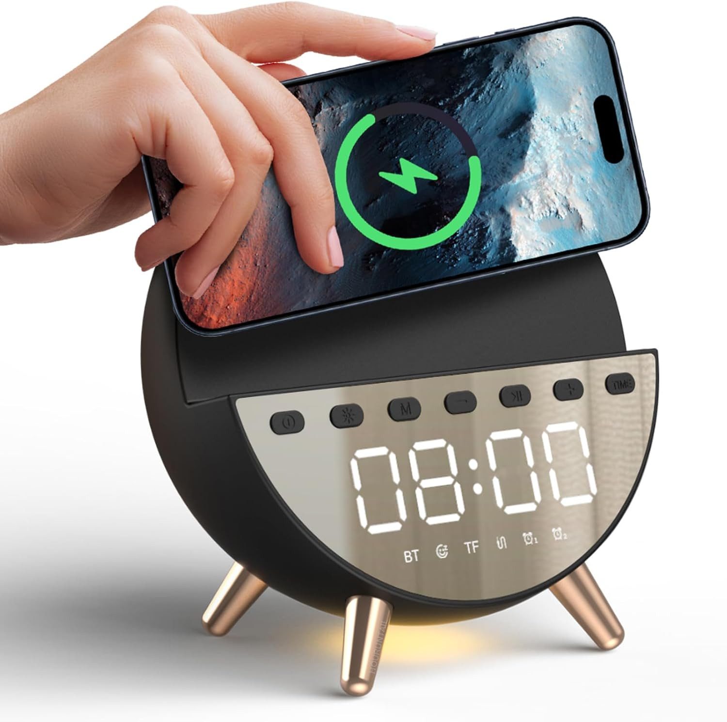 Vivitar Wecker 7in1 Digitalwecker 15W Wireless-Ladefunktion, Bluetooth-Lautsprecher Nachtlicht, Doppelalarm, Schlafgeräusche (weißes Rauschen)