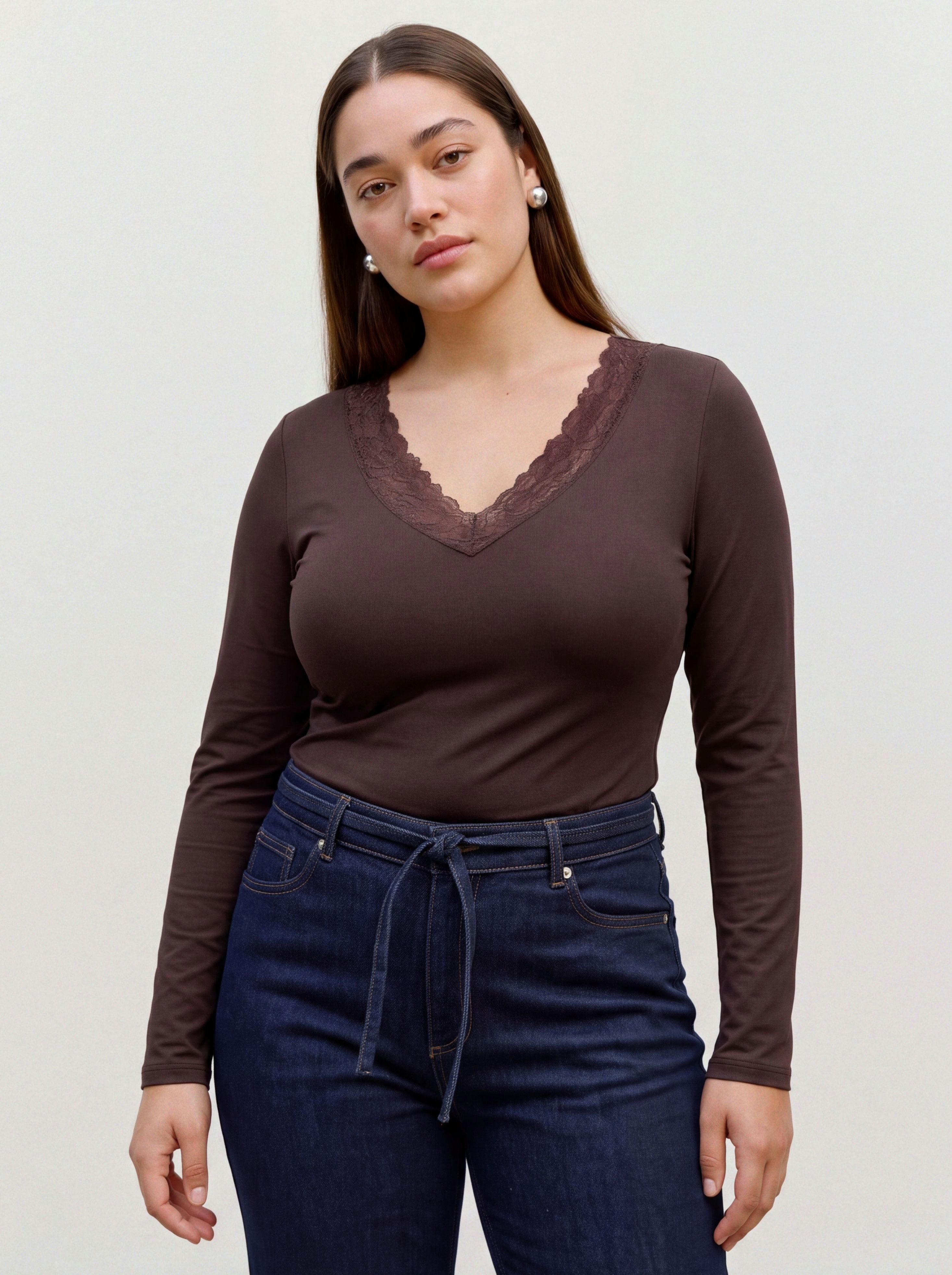 Vero Moda Langarmshirt VMROSA LS V-NECK LACE TOP JRS NOOS CUR Viskosemischung, Spitze, V-Ausschnitt