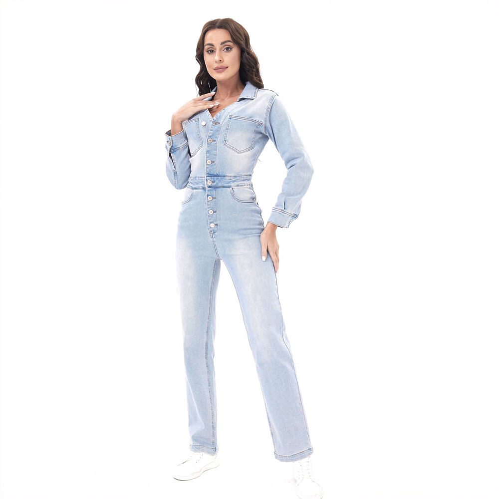Ital-Design Jumpsuit Jeans-Overall für Damen – Komfort & Stil im Sommer (86746055) Used-Look Stretch Langer Jumpsuit in Hellblau
