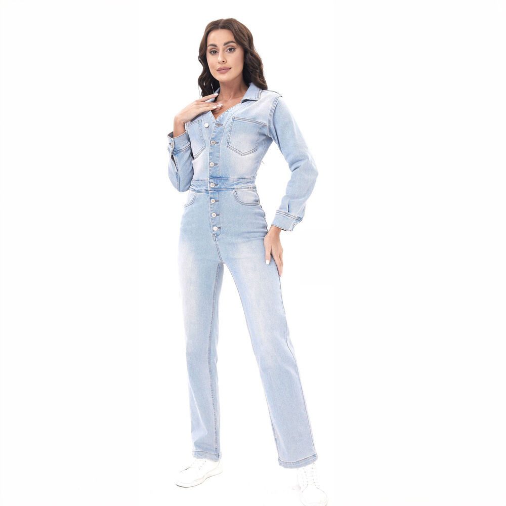 Ital-Design Jumpsuit Damen Freizeit (86746056) Used-Look Stretch Langer Jumpsuit in Hellblau – Bild 5 von 5