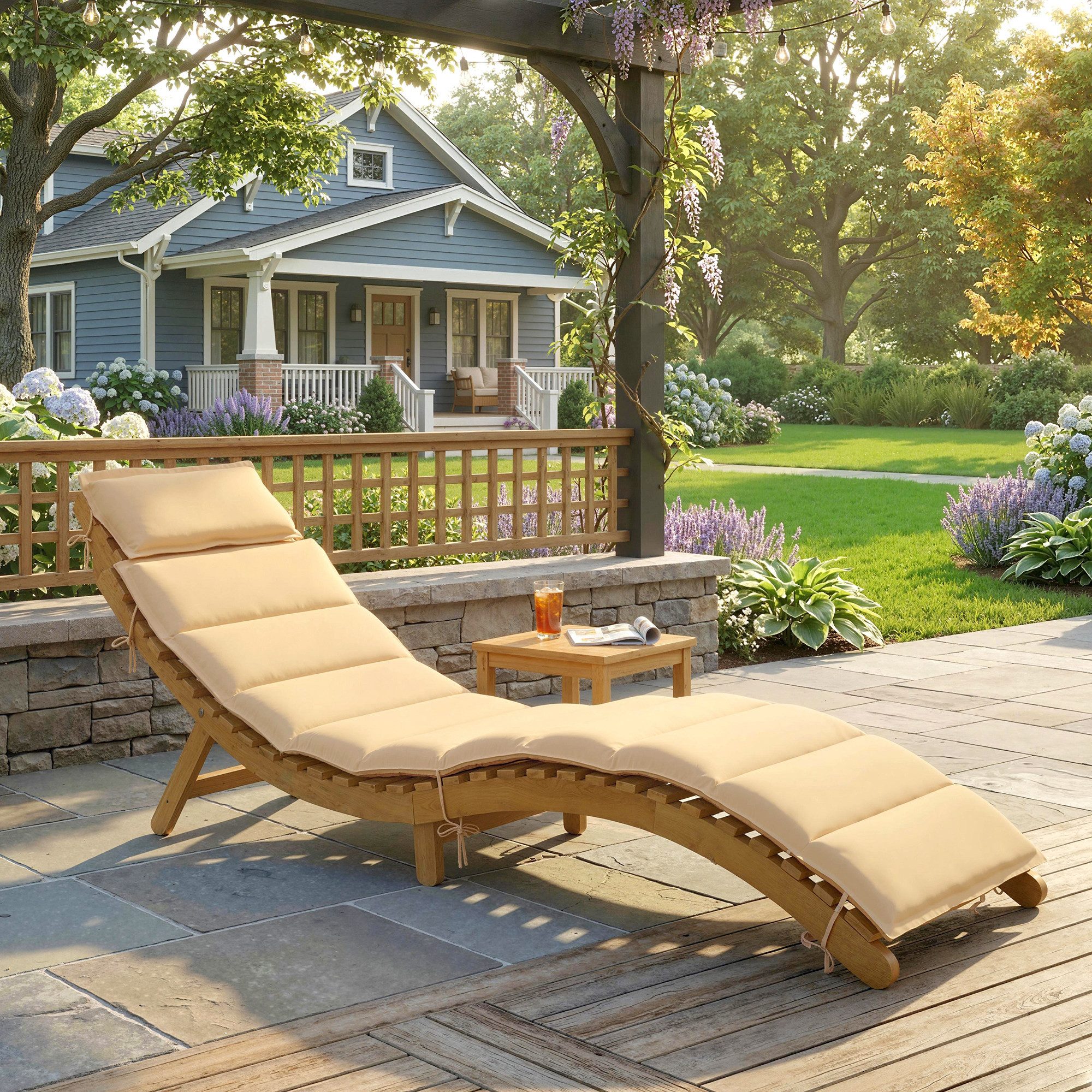 Outsunny Gartenliege Wetterfest Relaxliege mit Polsterung Kopfstütze Tragegriff, klappbarer Liegestuhl, 1 St., Sonnenliege, für Balkon, Terrasse, bis 120 kg belastbar, Beige, 183 x 54 x 63 cm