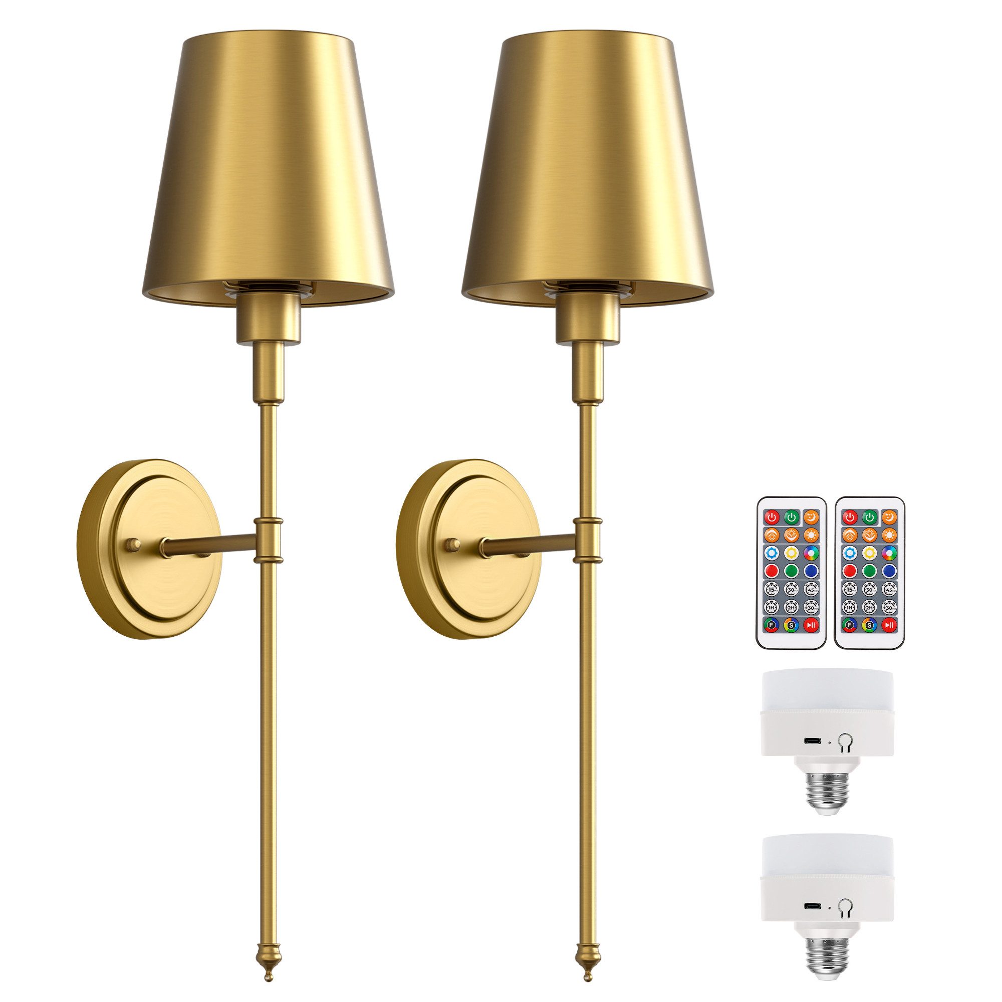 LOHAS-LED Wandleuchte 2er-Set goldene kegelförmige Akku-Wandleuchte, Gesamt 62,48 cm, LED wechselbar, RGBCW, E26 RGBCW dimmbar mit IR-Fernbedienung