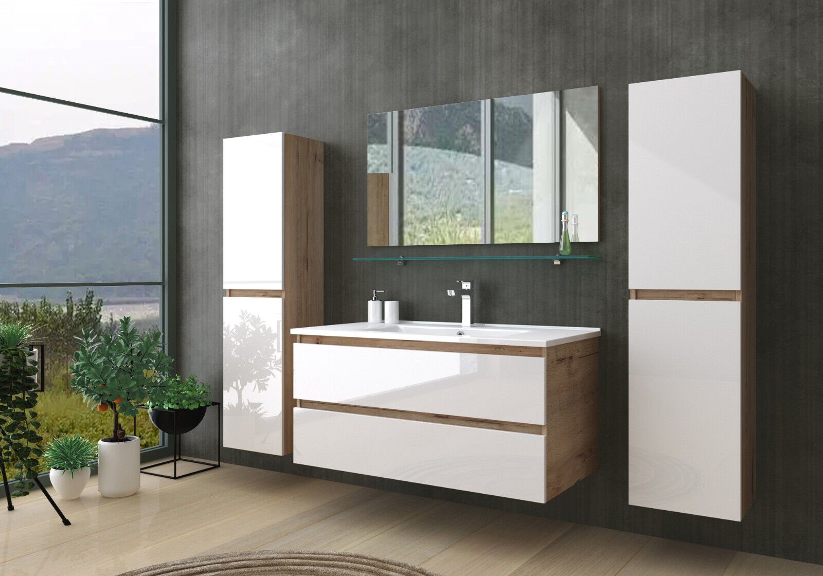 Homeline Badmöbel-Set Bad Möbel Set, Hochglanz, Eiche schwarz und weiß Soft günstig online kaufen