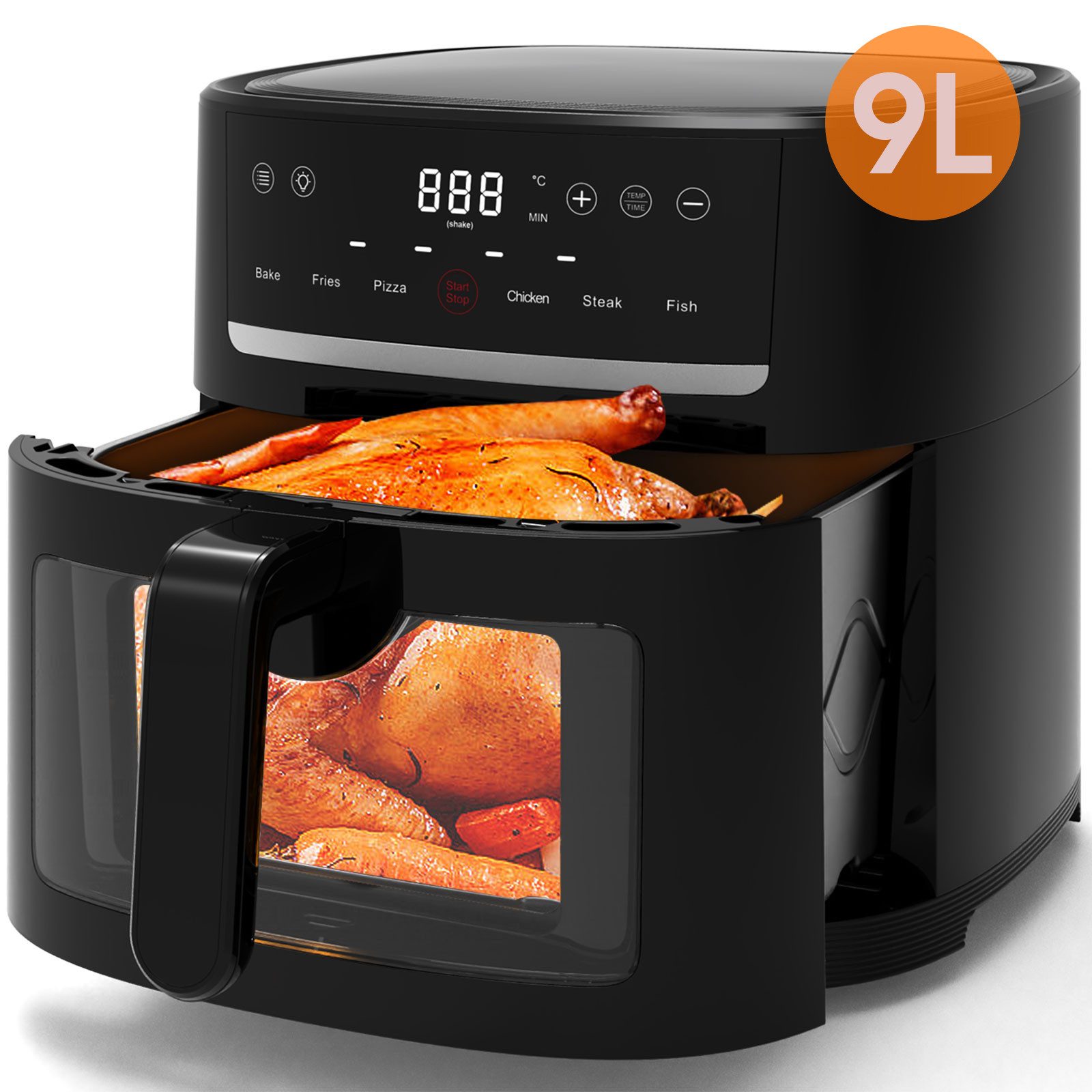 AIMAX Heißluftfritteuse 9L Airfryer xxl, Heissluftfritteuse mit Sichtfenster & Shake-Reminder, 1800 W, Display, 9L, Einstellbare Zeit-/Temperatursteuerung, Sichtfenster