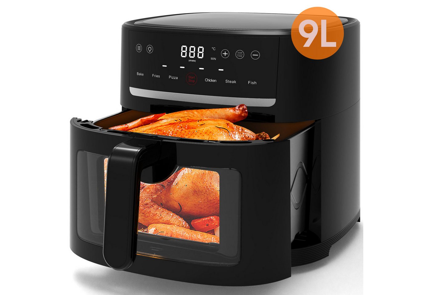AIMAX Heißluftfritteuse 9L Airfryer xxl, Heissluftfritteuse mit Sichtfenster & Shake-Reminder, 1800 W, Display, 9L, Einstellbare Zeit-/Temperatursteuerung, Sichtfenster
