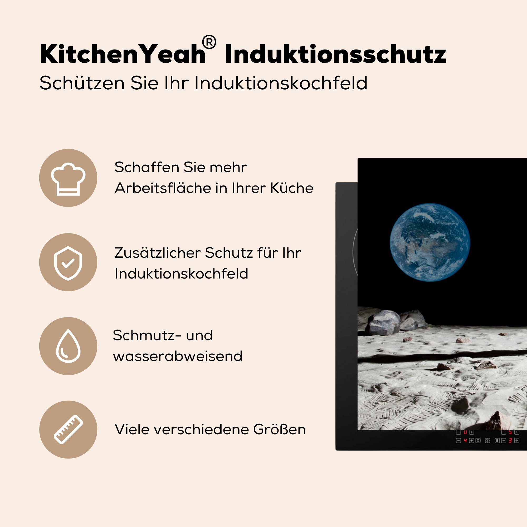MuchoWow Herdblende-/Abdeckplatte Astronaut - Mond Ceranfeldabdeckung Vinyl, Flagge, Induktionskochfeld für (1 küche, - Schutz tlg), die cm, 81x52