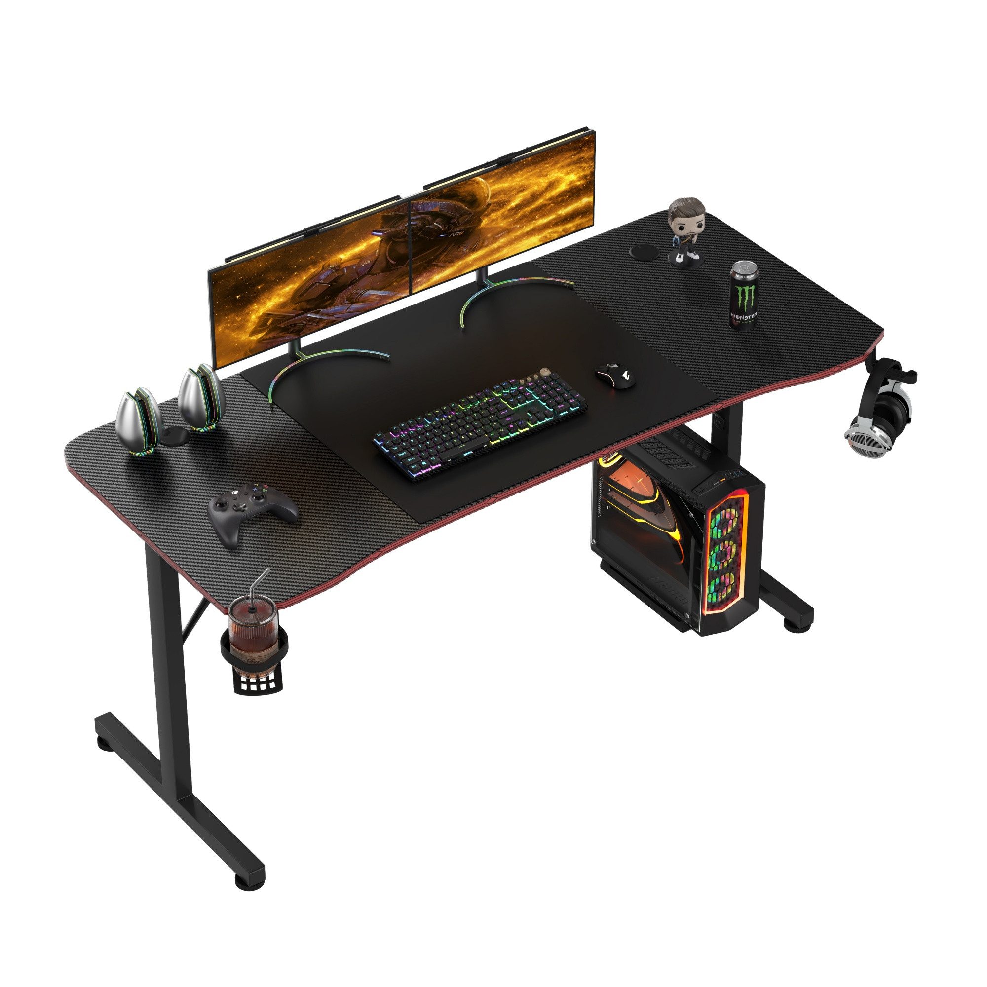 HOMALL Gamingtisch 140/160/180 cm, Computertisch, Gaming-Tisch (Ergonomischer Gaming-Schreibtisch für das Gaming-Zimmer, ausgestattet mit Kopfhörerhalterung, Getränkehalter, Mauspad und T-förmigen Tischbeinen, geeignet für Büros und E-Sport-Umgebungen)