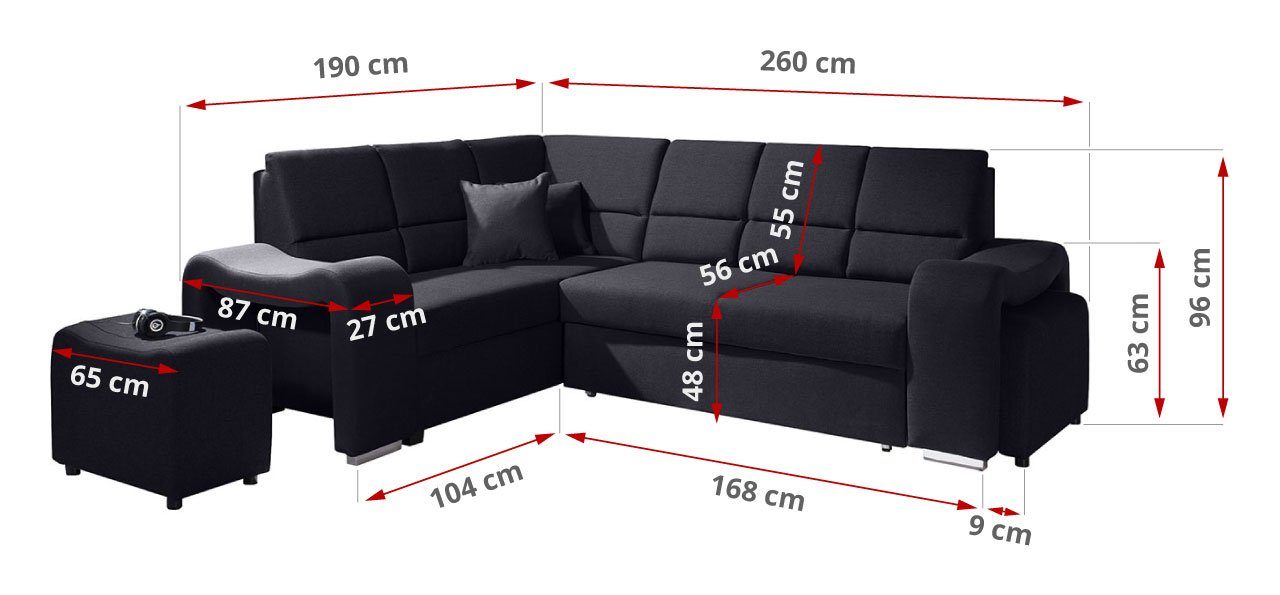 MKS MÖBEL Ecksofa Hocker - Wohnlandschaft AKIWA, L-Form mit 2 Schlaffunktion, Schwarz Couch