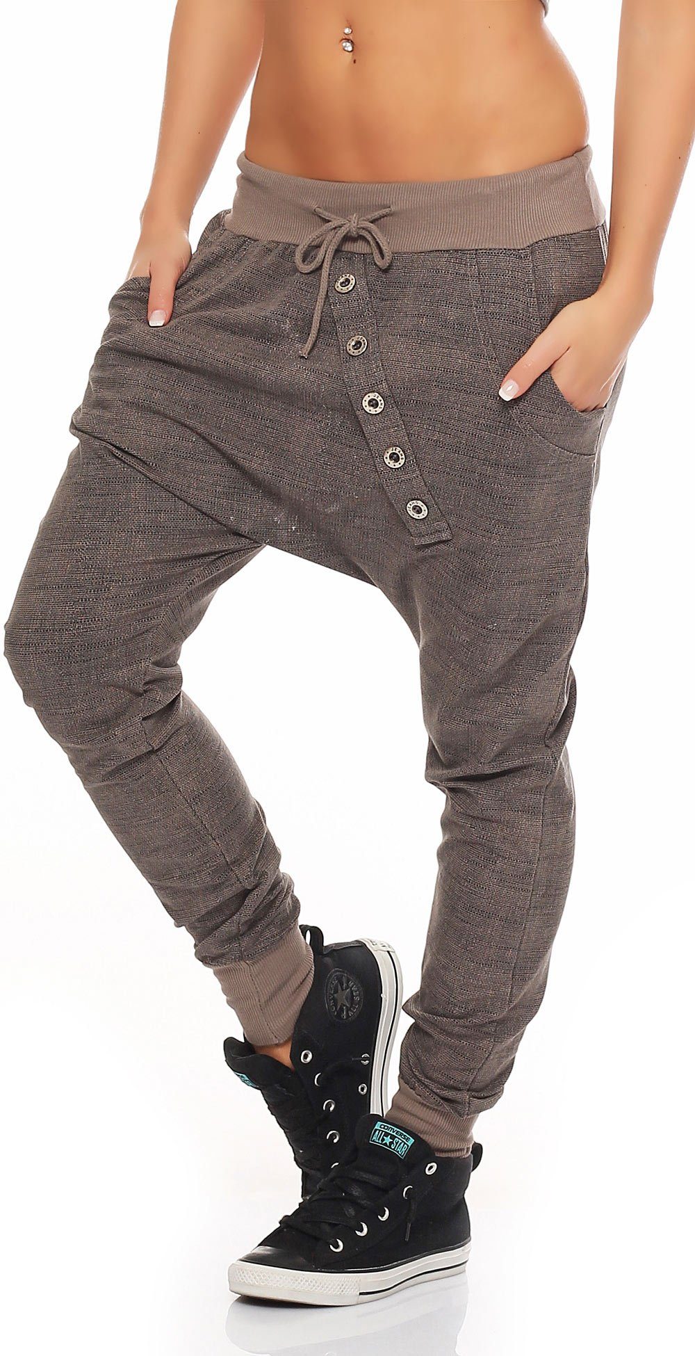 Jogginghose malito Damen Jogginghose mit Knopfleiste, Sporthose meliert, Baggy