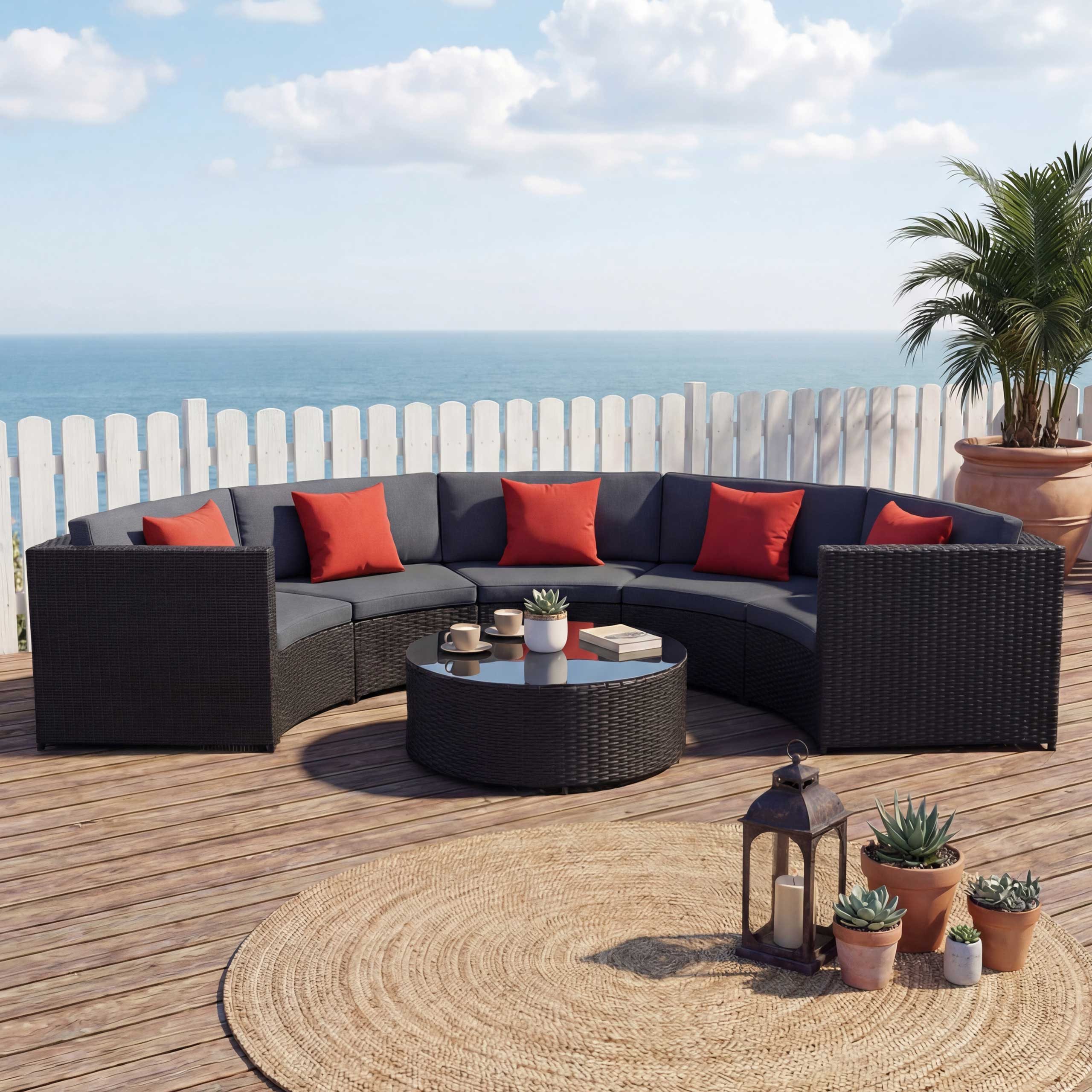 MCW Polstergarnitur MCW-E17, (6-tlg), wasserabweisende Bezüge, Glasplatte, Tisch mit Aussparung für Schirm