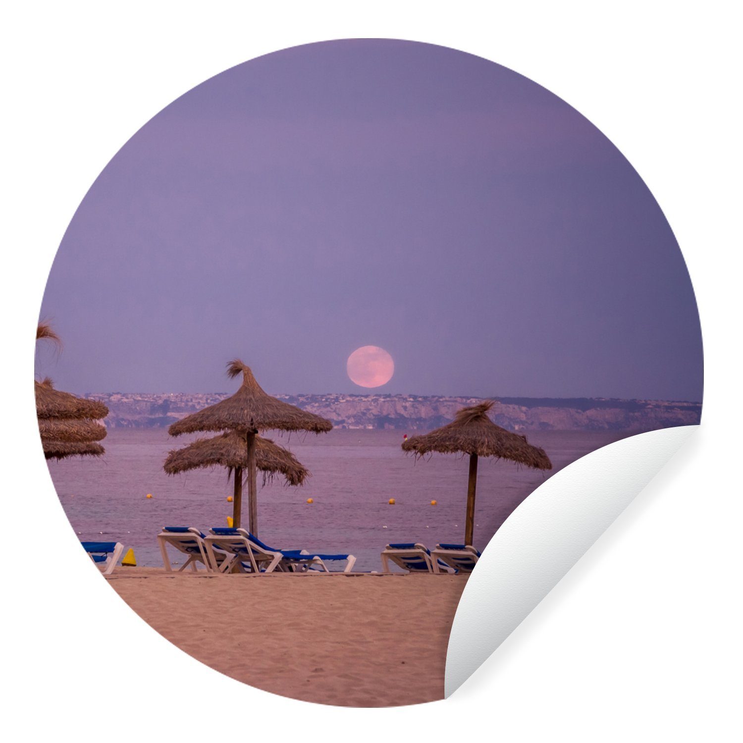 MuchoWow Wandsticker Mallorca - Strand - Sonnenbänke (1 St), Tapetenkreis für Kinderzimmer, Tapetenaufkleber, Rund, Wohnzimmer