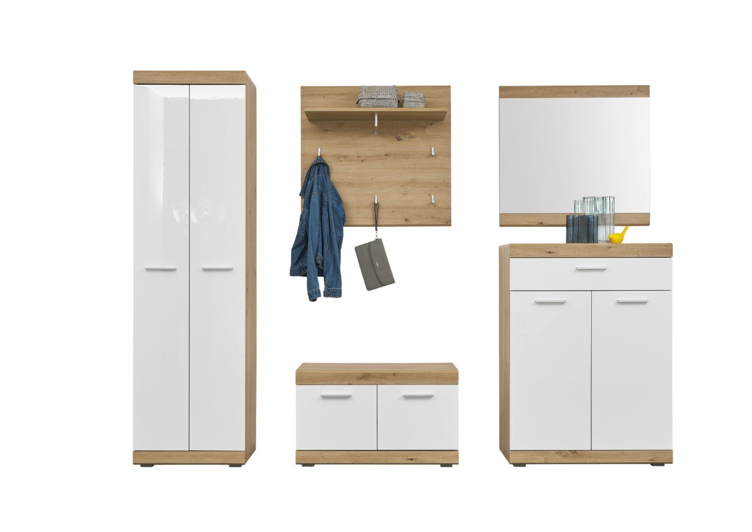 moebel-dich-auf Garderoben-Set NOVA, (Komplett-Set, Garderobenschrank + Paneel + Bank + Spiegel + Schuhkommode), in Artisan Eiche mit MDF Hochglanz Fronten