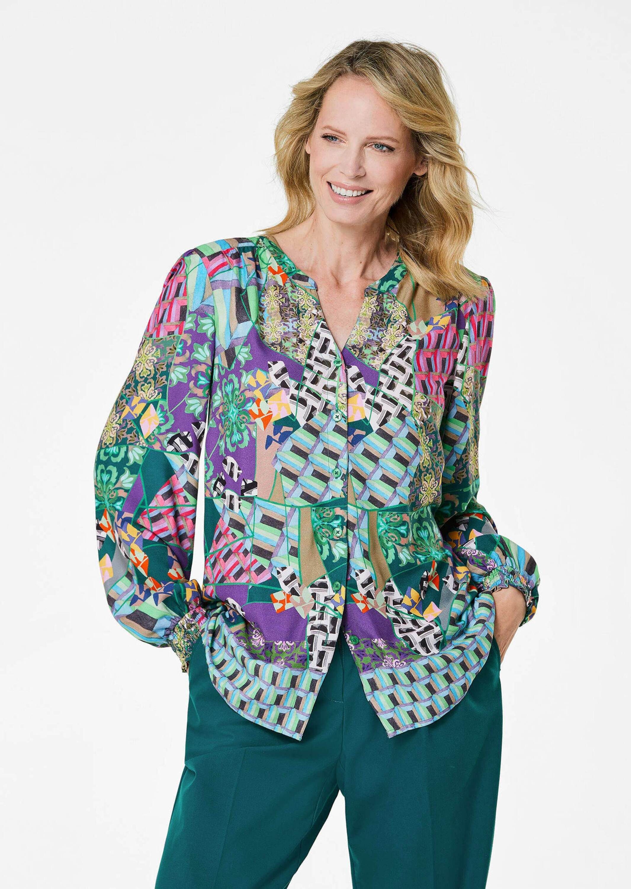 Klassische Bluse Patchworkbluse mit Rundhals, V-Schlitz
