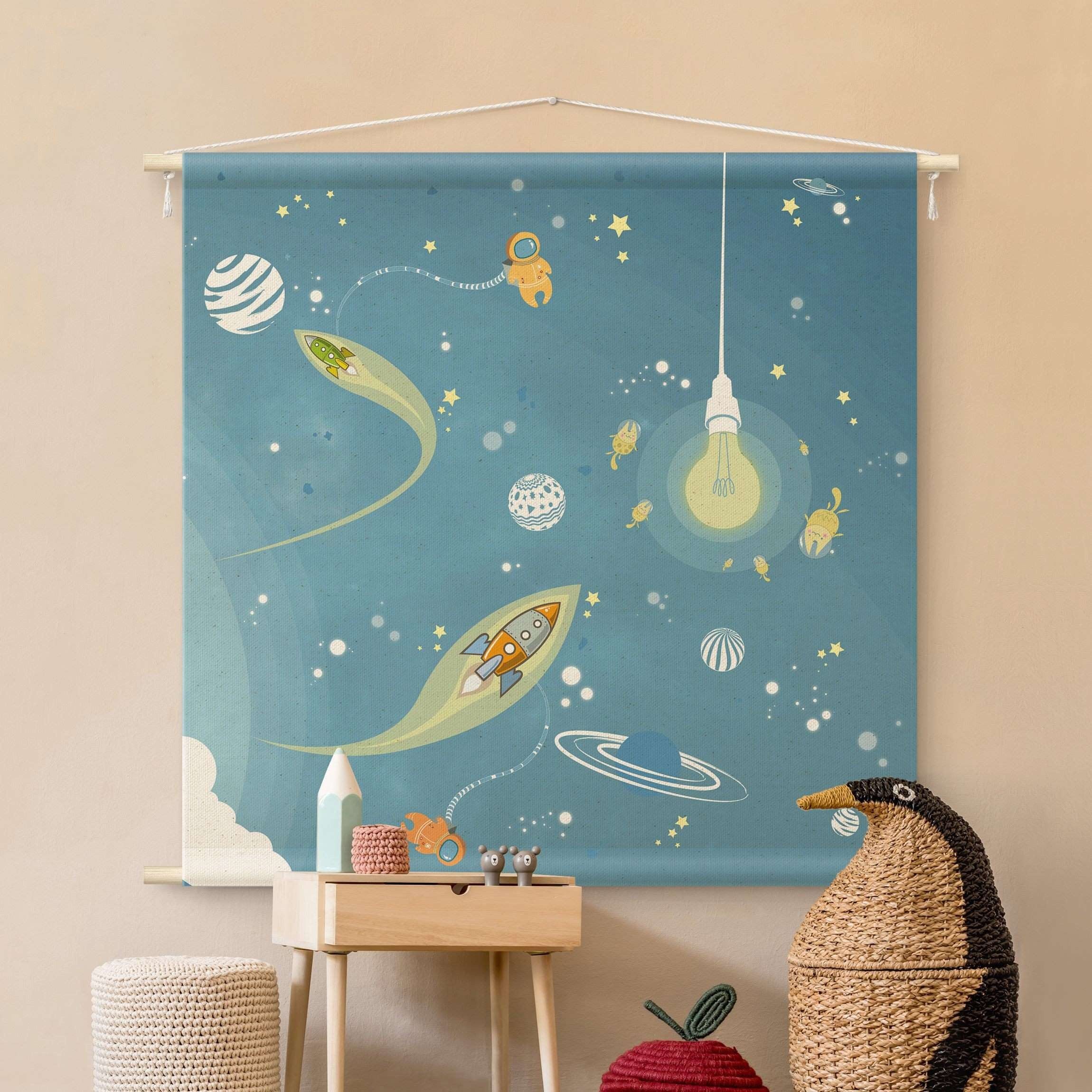 Bilderdepot24 Wandteppich Jungenzimmer modern Weltall blau, quadratisch, Höhe: 2.6 mm, großes Wandbild aus Natur-Baumwolle Wandbehang Stoffbild Tuch Wollseil
