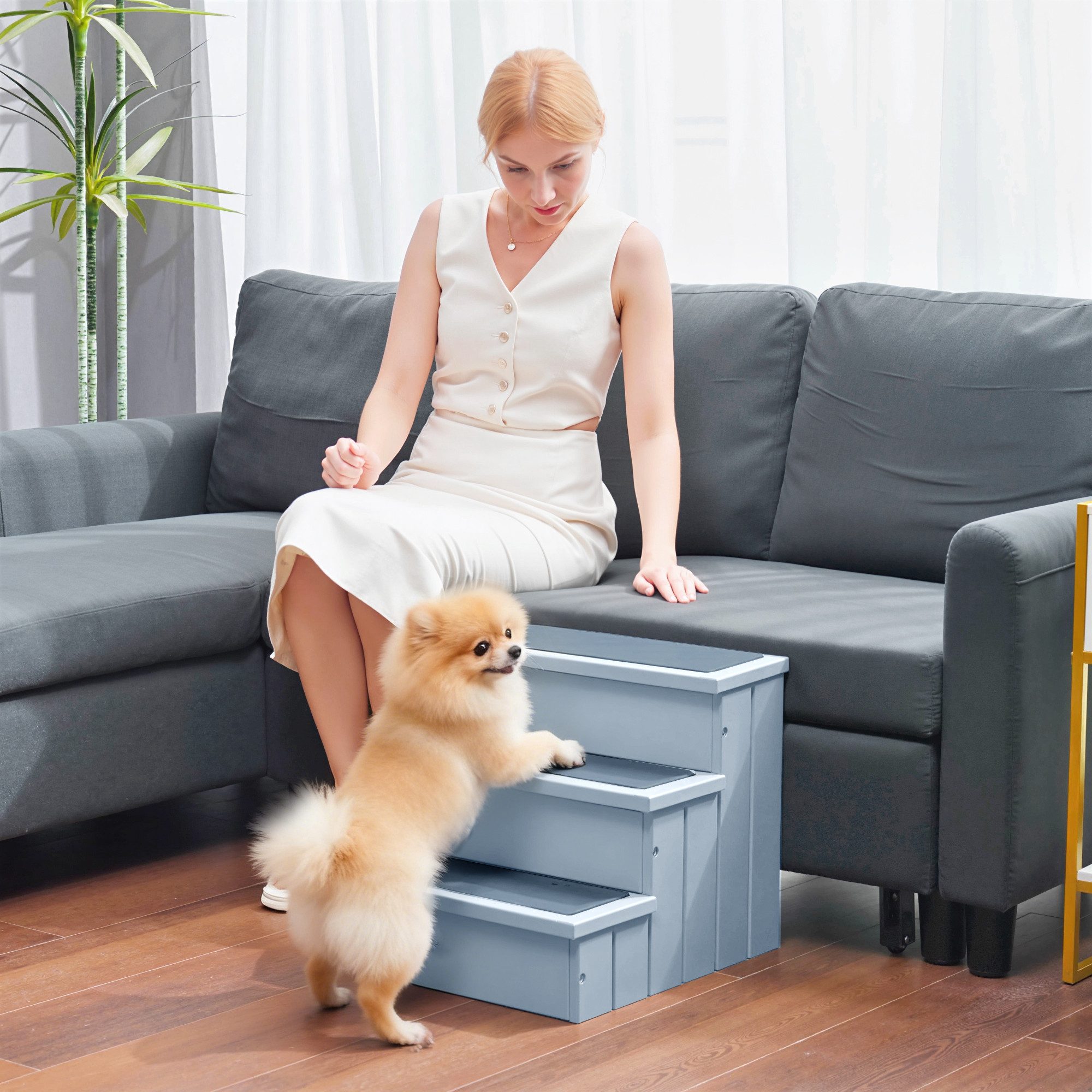 PawHut Haustiertreppe 3 Stufen Tiertreppe Katzentreppe Hundetreppe (Haustierleiter, 1-St., Einstiegshilfe mit Teppich), Tannenholz Grau 40,5 x 44,5 x 38 cm