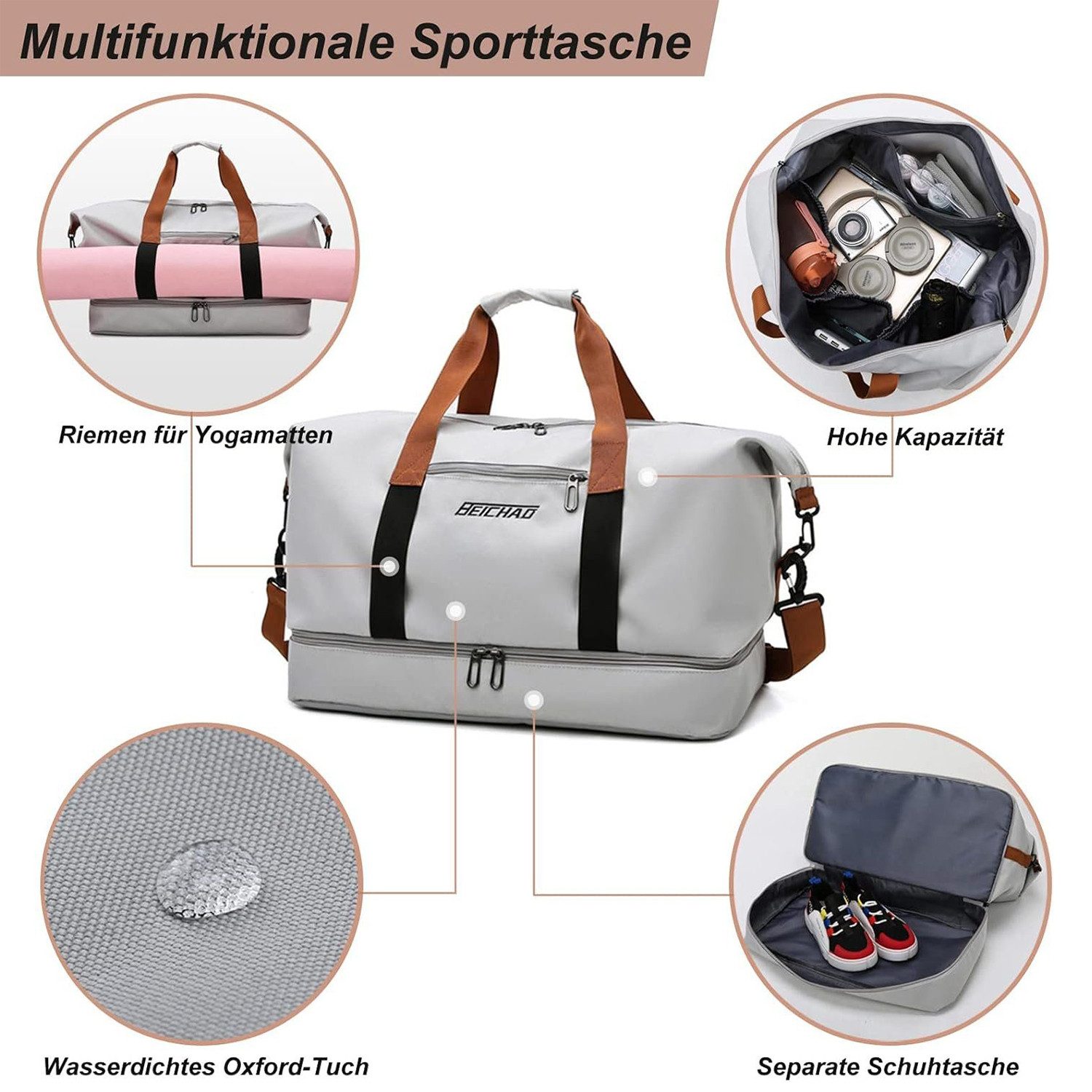 ibettertec Reisetasche Fitnesstasche,Sporttasche,Große Umhängetasche mit Schuhfach&Nassfach (Atmungsaktiv, wasserdicht, verschleißfest, großes Fassungsvermögen) – Bild 3 von 5