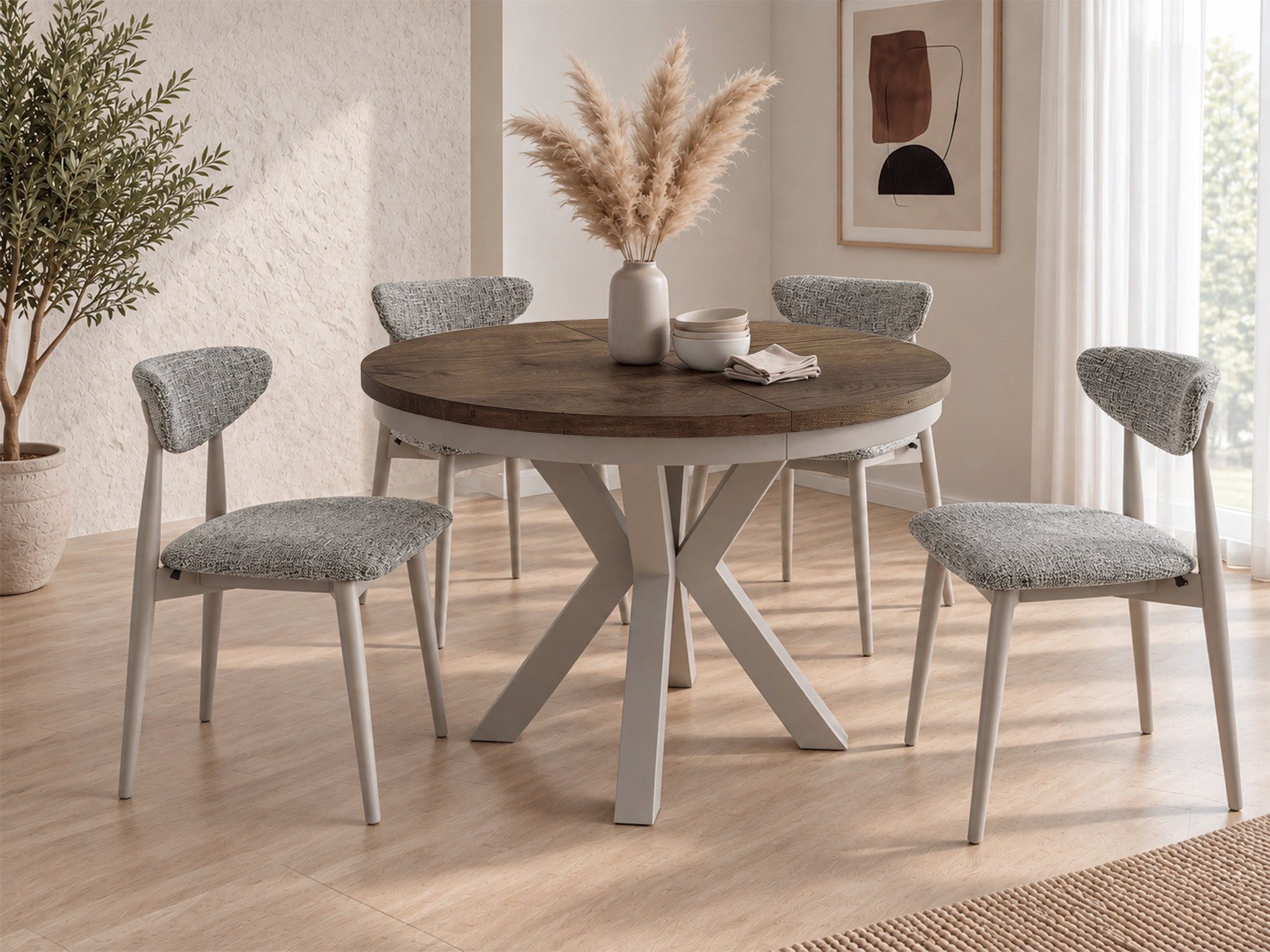 WFL GROUP Esstisch Clara Grau-Beige Loft rund ausziehbar mit Grau-Beige Metallbeinen (MADE IN EU, erhältlich in zwei Größen – 100/120 cm, ausziehbar auf 180/200 cm), platzsparender Industrial Tisch in Holzoptik für Wohnzimmer oder Küche