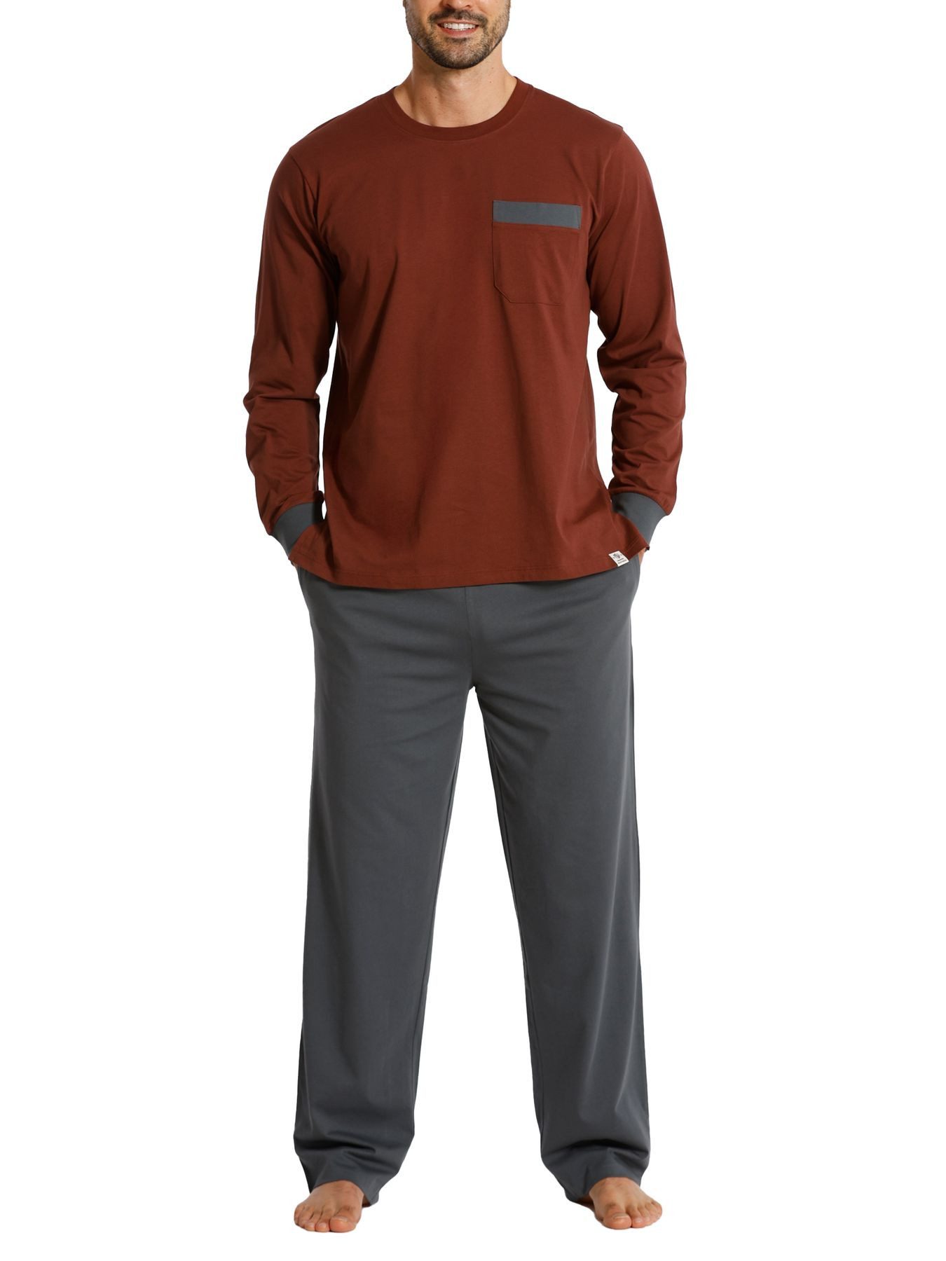 HAASIS Bodywear 1919 Pyjama Herren Pyjama 77110922-bordeaux/grau (1 tlg) Pyjama, Rundhals, Brusttasche, Hose m. Seitentasche