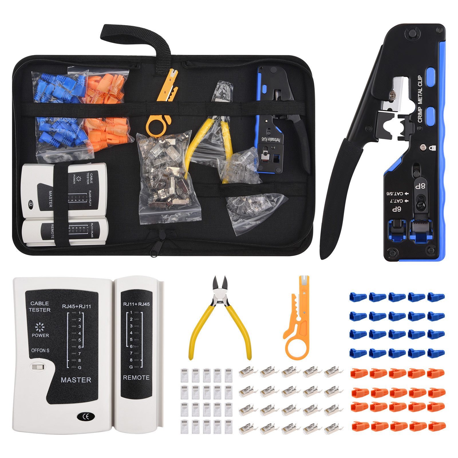 VIVIHEYDAY Netzwerk Werkzeug Set, RJ45 Crimpzange mit 40 x RJ45 Stecker Netzwerk-Adapter Cat7/Cat6 Pass Through, Netzwerktester, Abisolierzange, zu Profi Netzwerkinstallation, RJ45/RJ11/RJ12 Reparaturwerkzeuge, Stofftasche