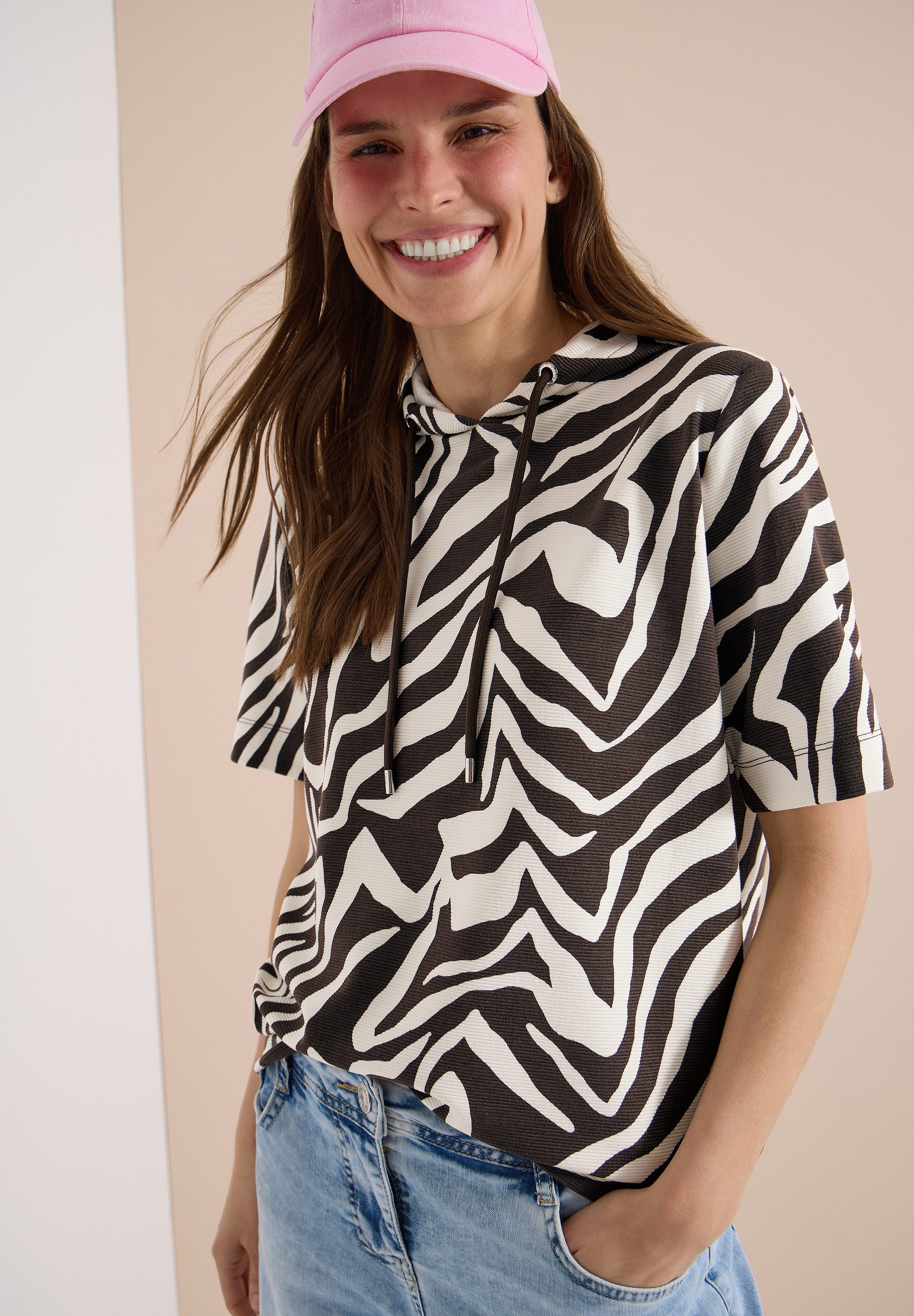 CECIL Kapuzensweatshirt Kurzarm-Shirt mit Kapuze und Zebraprint