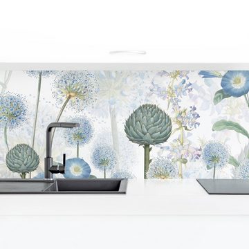 Bilderdepot24 Küchenrückwand blau Blumen Natur Blaue Alliumdolden im Wind, (1-tlg., Nischenrückwand - für Fliesenspiegel ohne Bohren - matt), Spritzschutz Rückwand Küche Herd - Folie selbstklebend versch. Größen