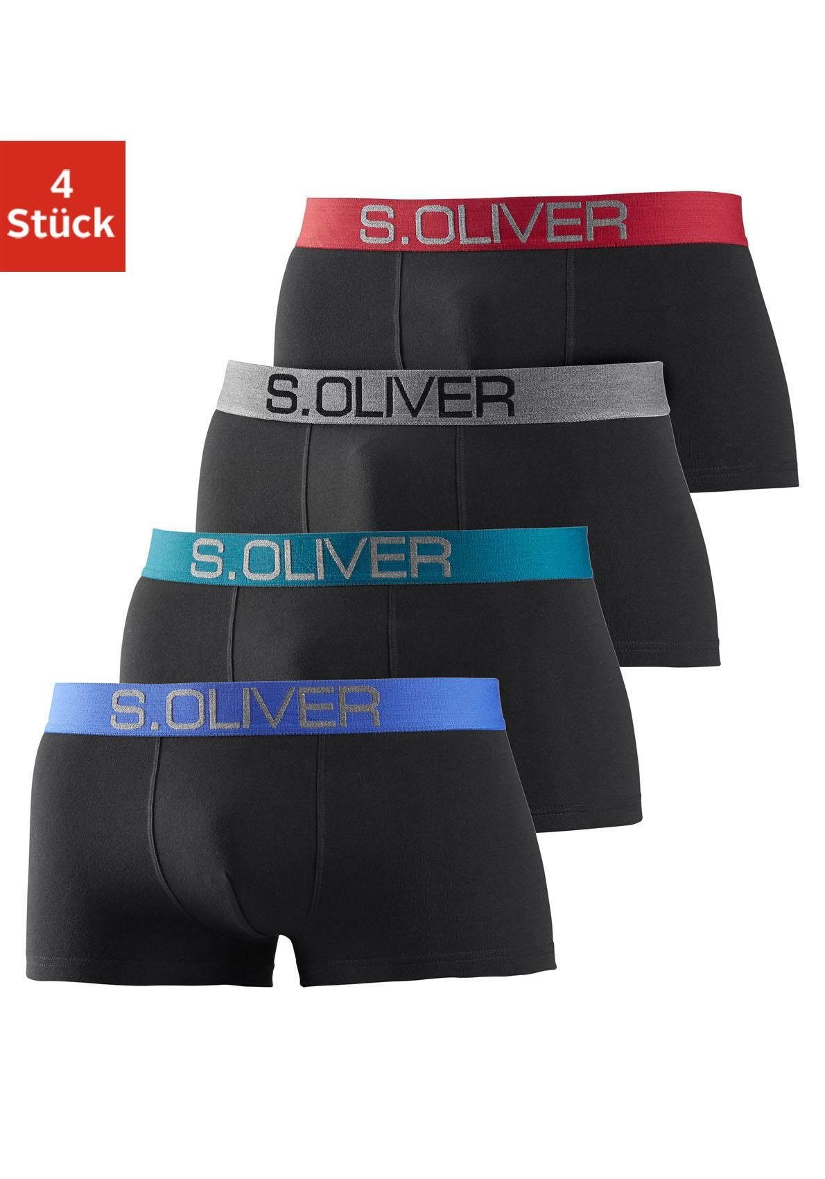 s.Oliver Boxershorts kontrastfarbenem (Packung, schwarz-grau, Webbund schwarz-rot mit schwarz-blau, in Hipster-Form 4-St) schwarz-türkis