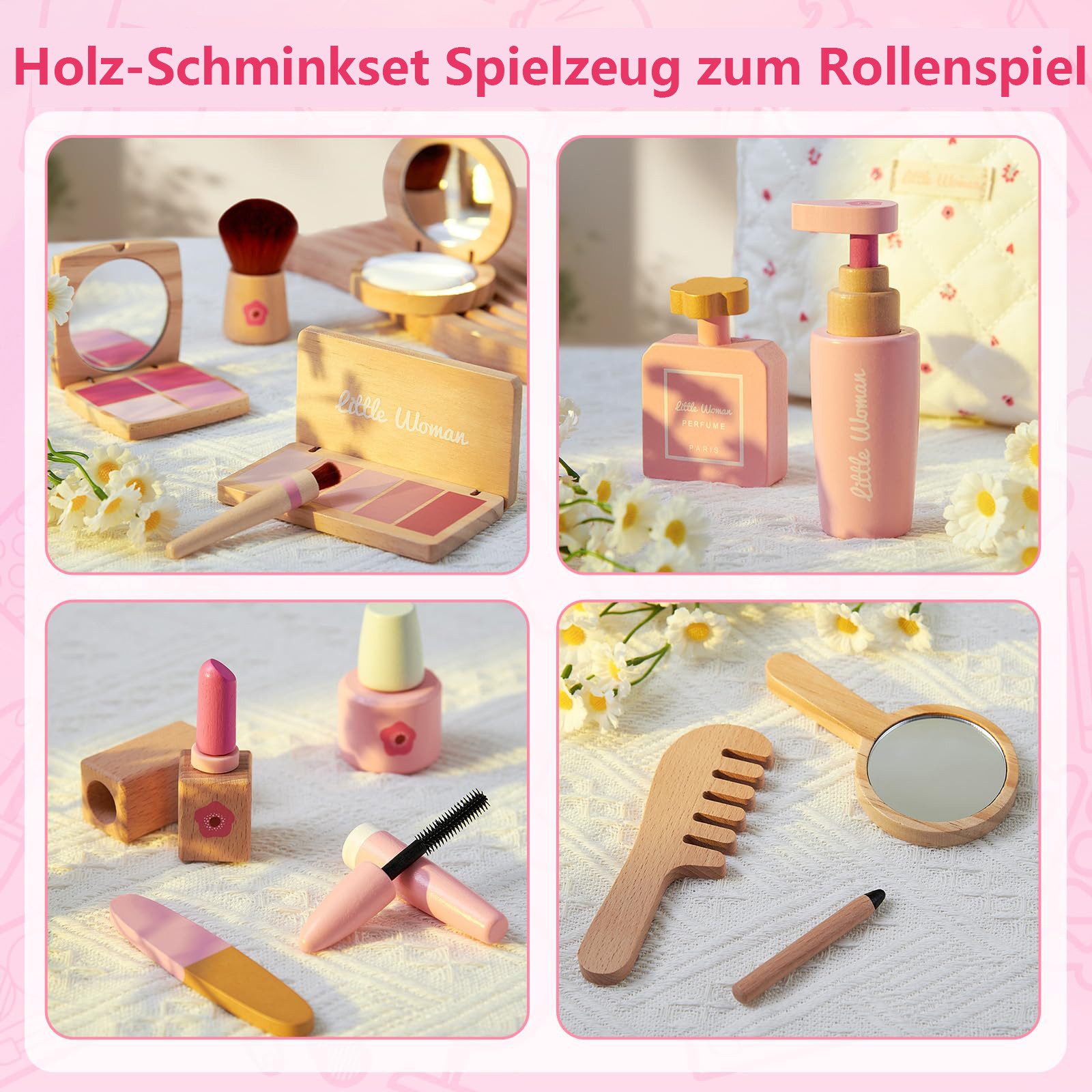 Zaewry Spielzeug-Frisierkoffer Holz Kinderschminke Set Mädchen,Make-up-Spielzeug,Schminkkoffer, 15-tlg., Rollenspiel für Kinder,tragbares Spielzeug,Holzspielzeug