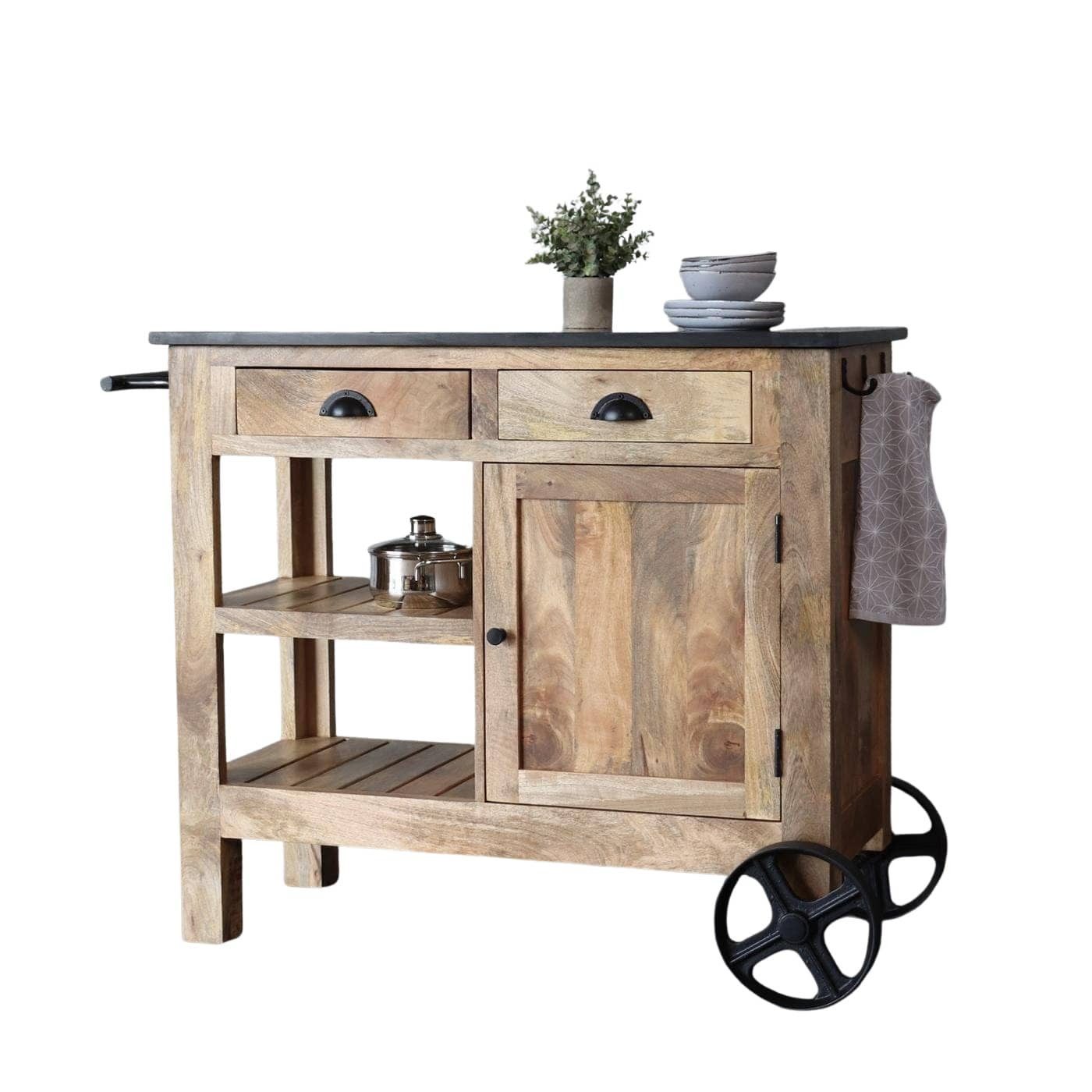 baario Pflanztisch Servierwagen PULA Vintage, massiv Mangoholz Marmorplatte Rollen Küchenarbeitstisch