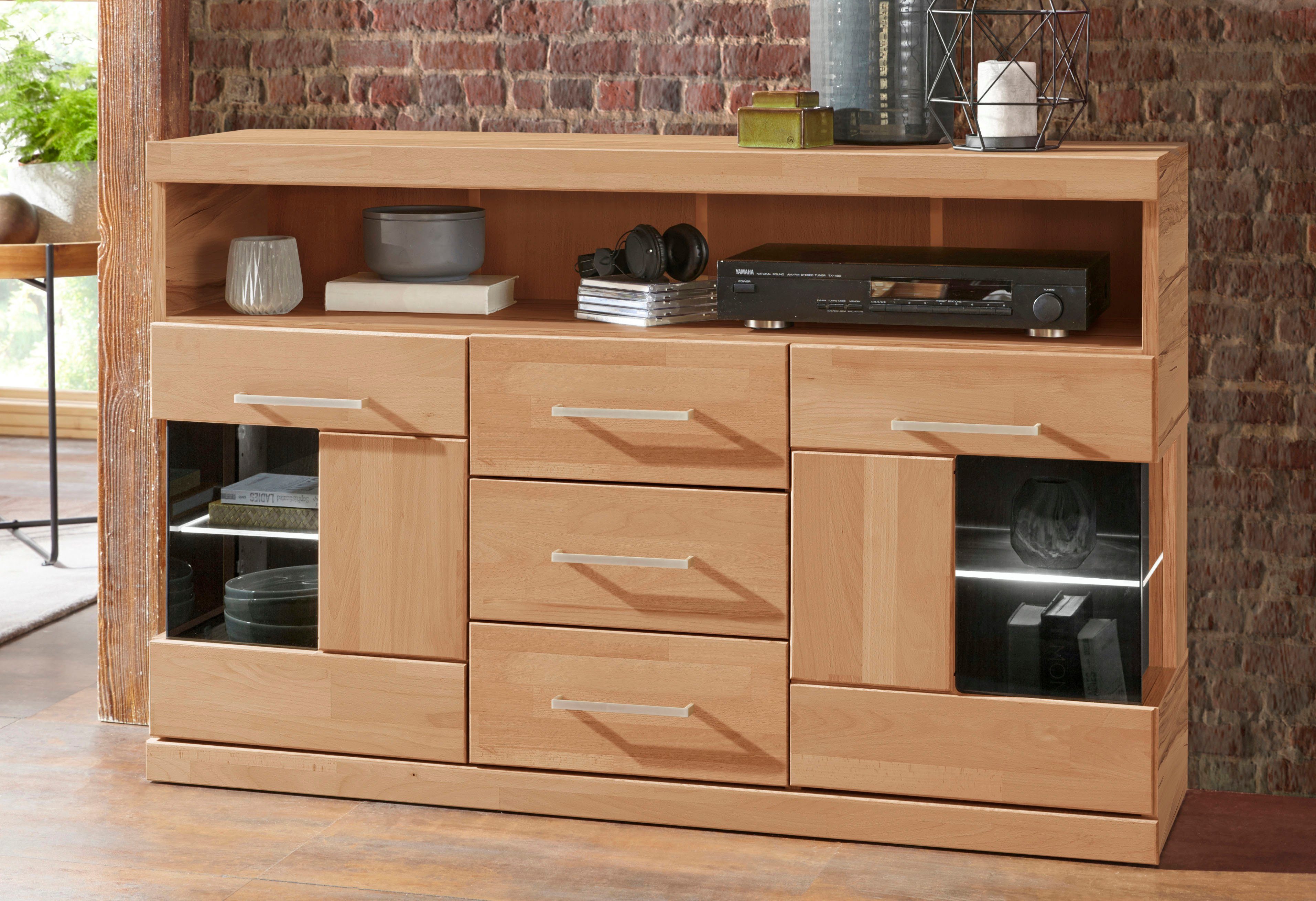 OTTO home Sideboard Ribe,125cm breit, Fronten Massivholz,5 Fächer,Böden versetzbar, Korpus Holzwerkstoff,Türen mit Glaseinsatz,3 Schubladen,Metallgriffe