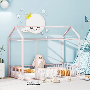 REDOM Metallbett Kinderbett Tagesbett Metal, Hausbettrahmen mit Zaun für Kinder (90 X 200 cm), ohne Matratze