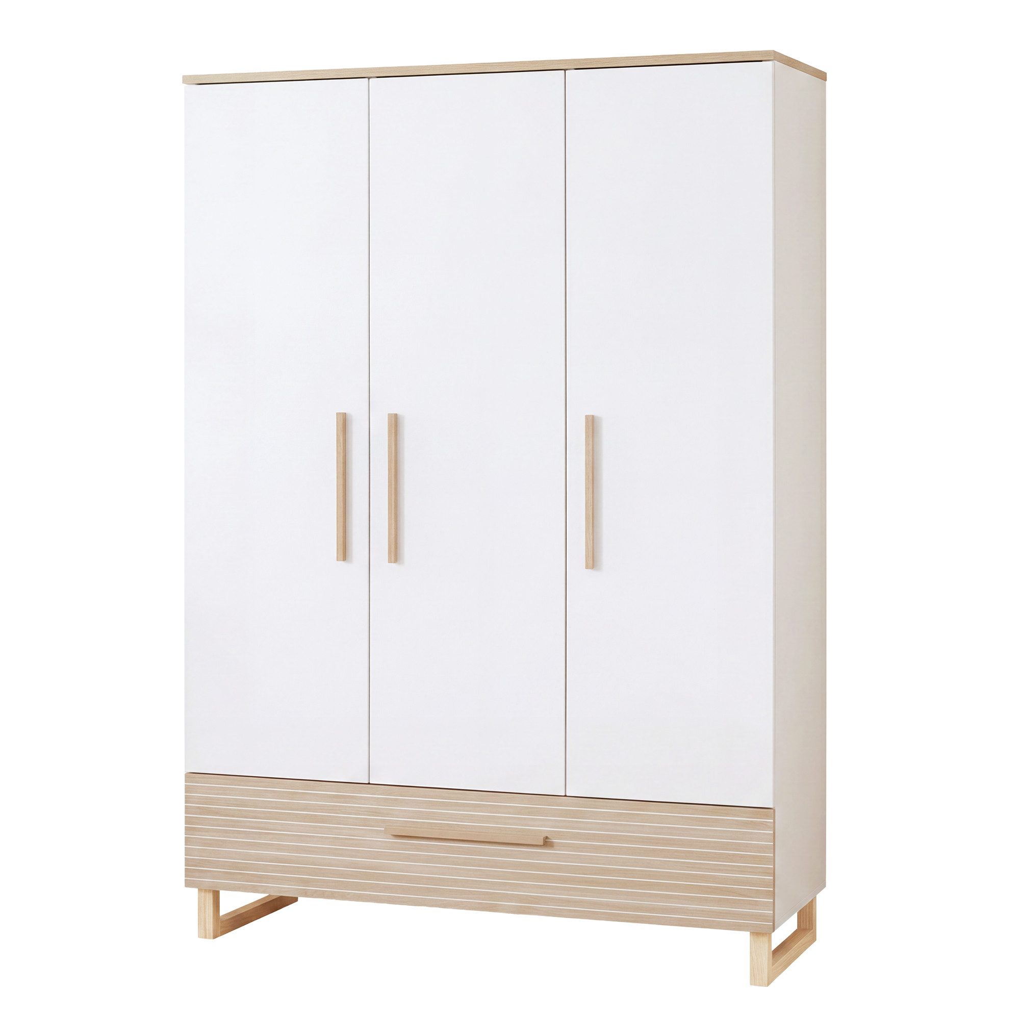 roba® Kleiderschrank Noah - moderner Schrank in Scandi Design fürs Kinderzimmer Griffe und Füße aus Massivholz - Stabiles Design - Walnuss / Weiß