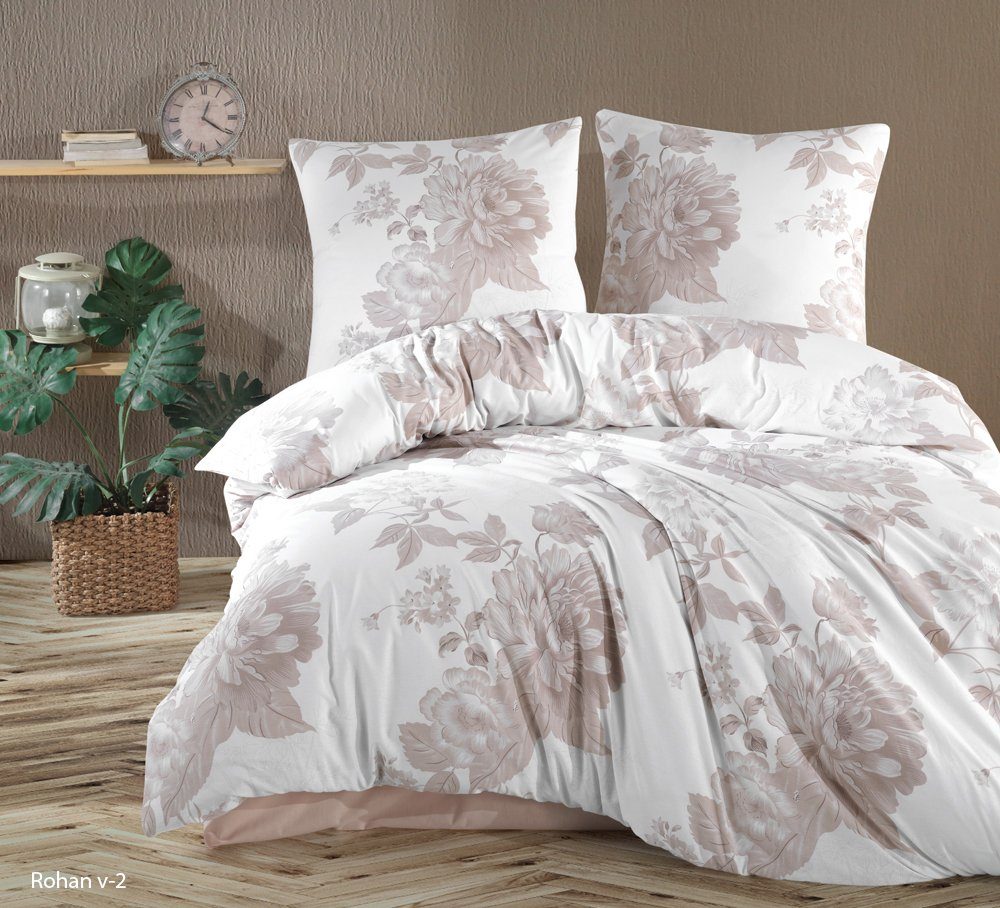 yadetextil Bettwäsche Bettwäsche 200x220 cm. 3 teilig set Rohan V2, Renforce, 3 teilig, weiß,100% Baumwolle/Renforcé,braun geblümt bettbezug