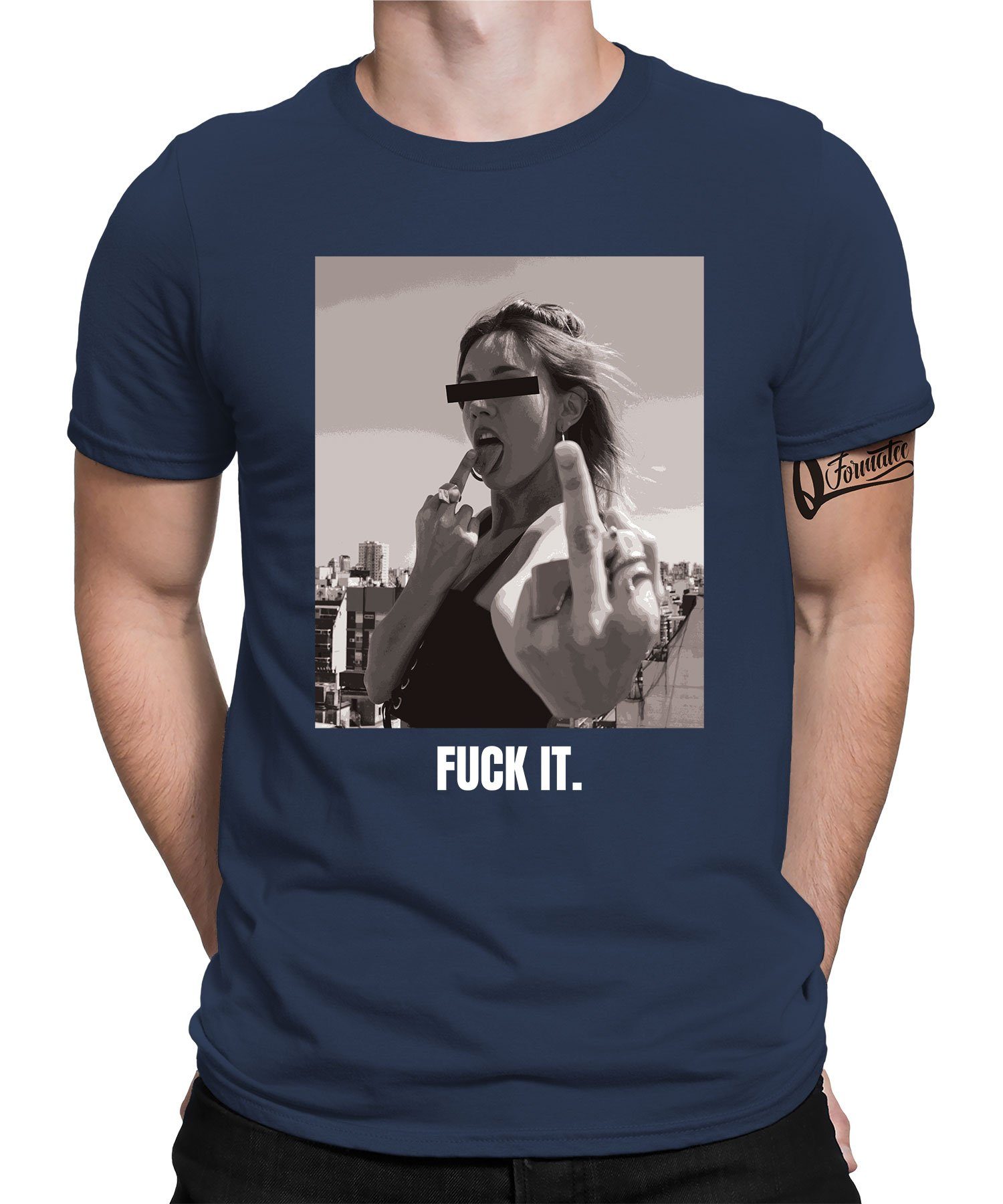 Quattro Formatee Kurzarmshirt Fuck it. - Lustiger Spruch Statement Herren T-Shirt (1-tlg) Navy Blau