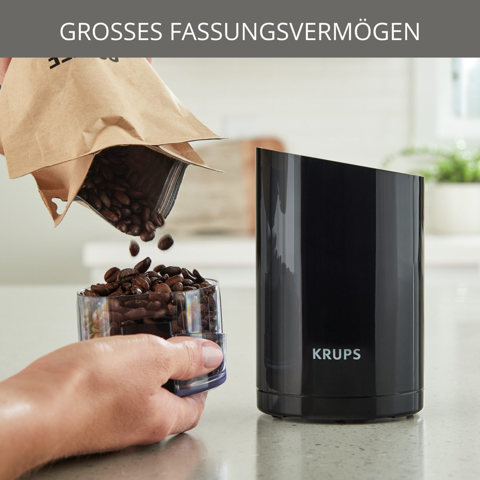 Krups Kaffeemühle F20342, 200 W, Schlagmesser, 85 g Bohnenbehälter, fein bis grob, 12-Tassen Fassungsvermögen, robuste Edelstahlklingen