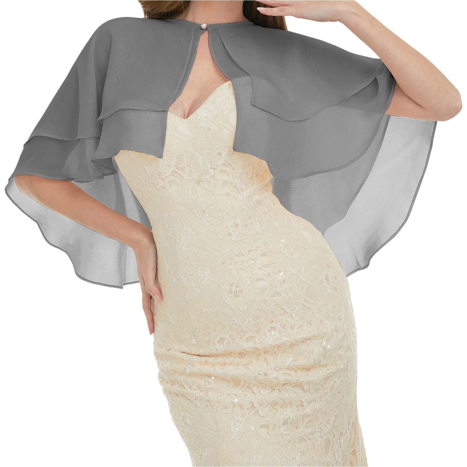 Refttenw Modeschal Chiffon Bolero Damen Brautjacke Cape mit Perlen Stola für Abendkleid, (1-St), Doppellagiger Chiffon – luftig, fließend, mit zartem Perlenschimmer