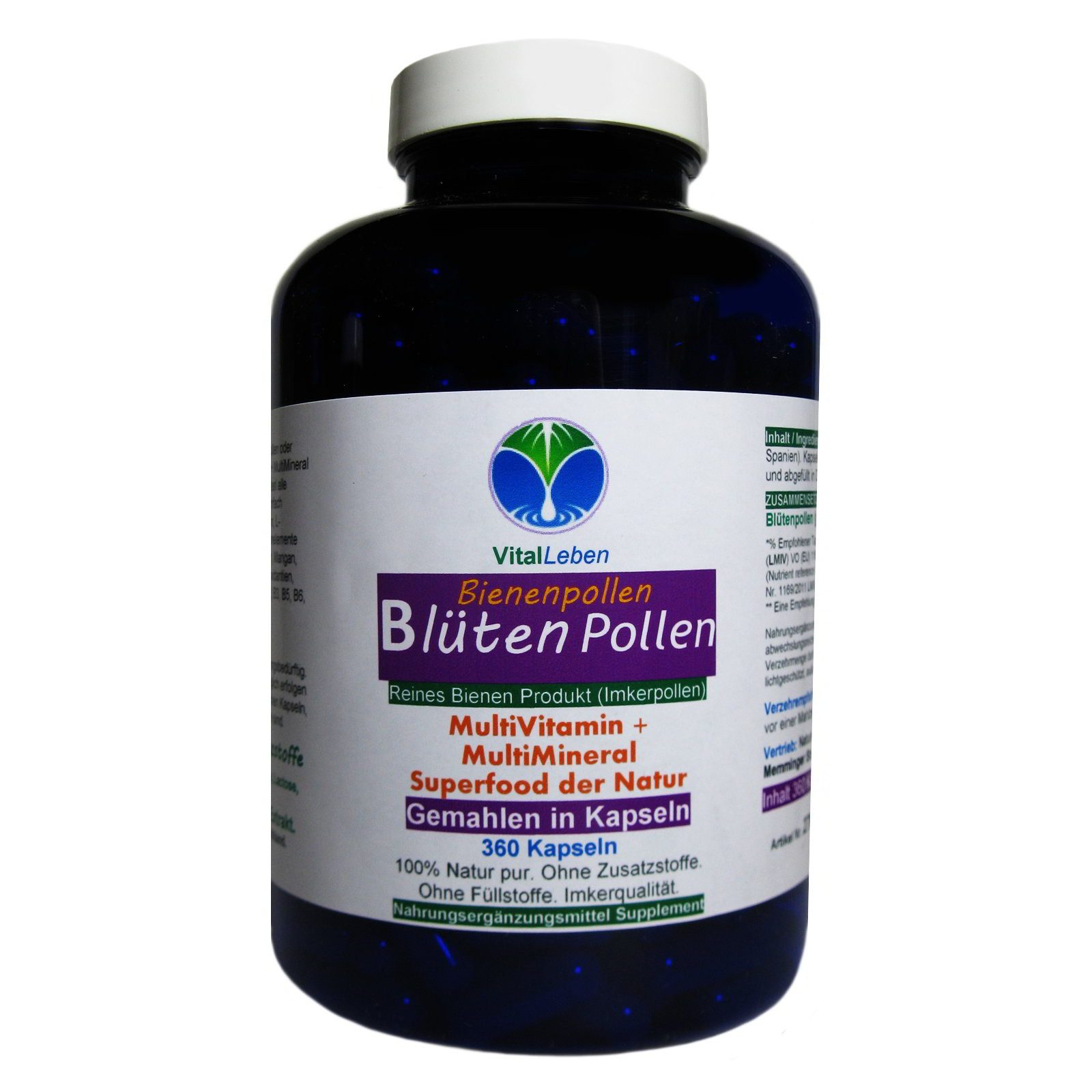VitalLeben Blütenpollen Bienenpollen kalt vermahlen ohne Zusatzstoffe Kapseln, 1 er Dose à 360 St., 187,2 g, Art. 27000-360