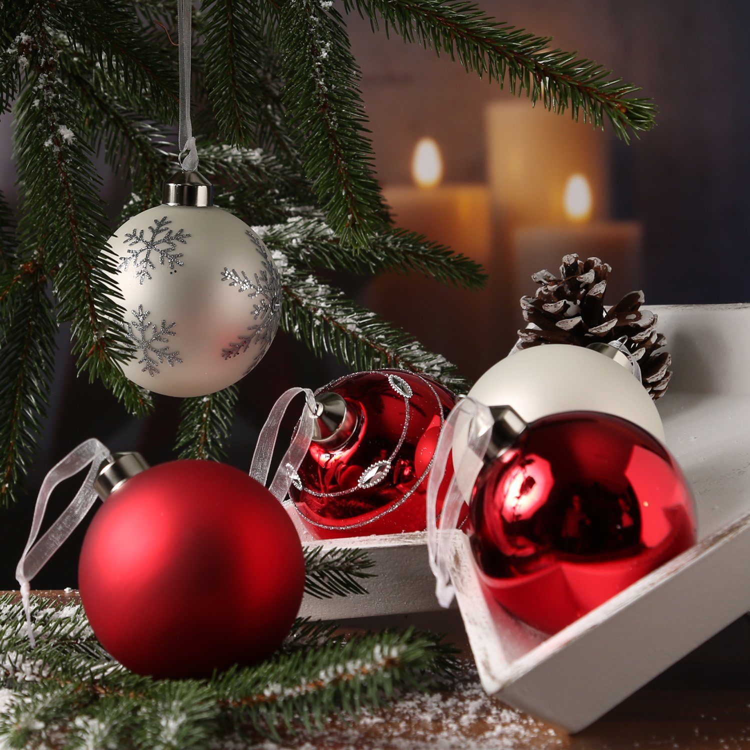 St) rot Set Weihnachtskugel 6er 8cm MARELIDA D: Weihnachtsbaumkugel weiß Glas (6 Christbaumkugel