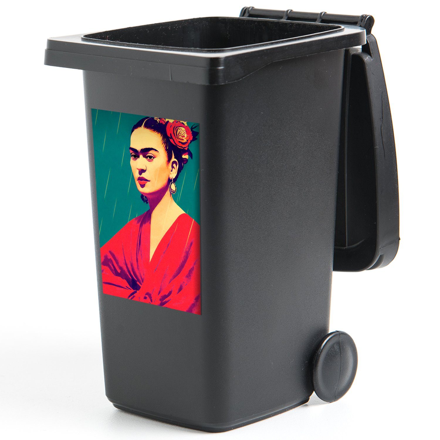 Rot MuchoWow Mülleimer-aufkleber, Kahlo - St), Frau - Porträt Wandsticker Abfalbehälter Mülltonne, Vintage Container, - Sticker, (1 - Frida