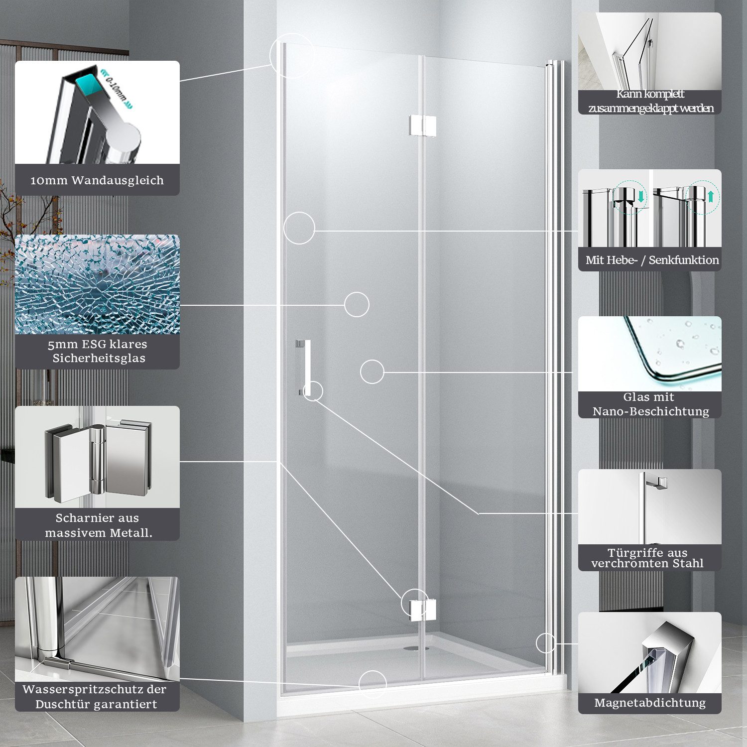 Hopibath Dusch-Falttür Nischentür Dusche Duschtür faltbar Höhe:195, 70x195 cm, 5mm NANO Glas, (Drehtür, B:120/100/90/80/75/70cm) mit Alu-Bodenleiste, Magnetdichtleisten