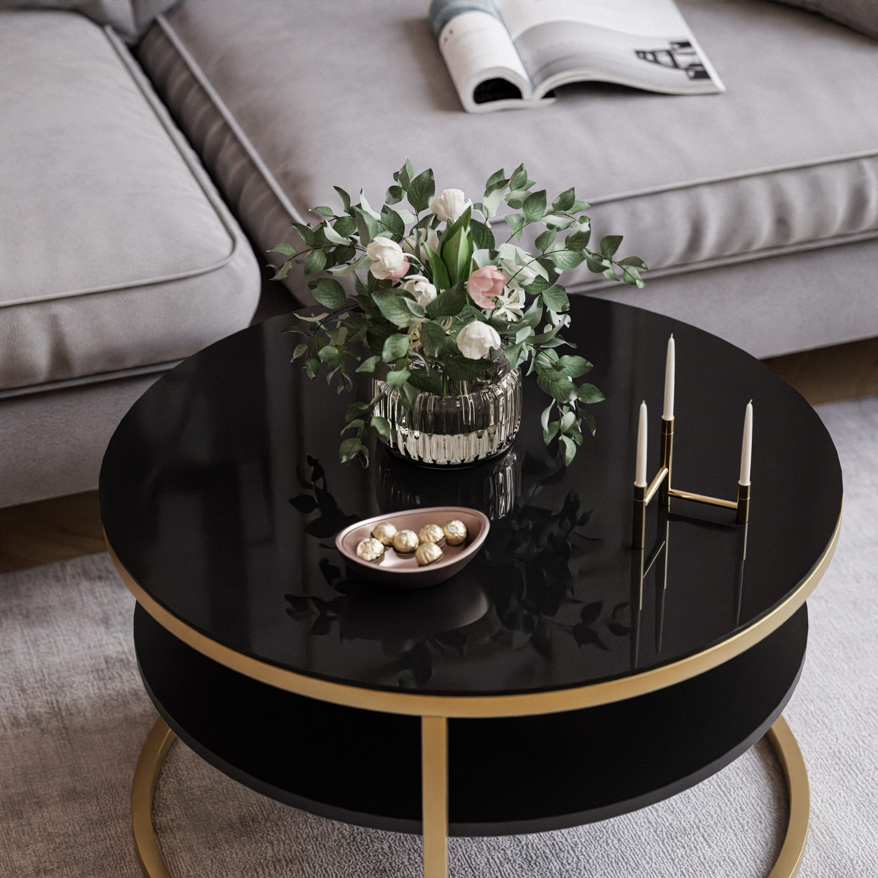 Lookway Couchtisch CIRI GLASS 60 mit goldmattem Gestell und Ablage (1 Tische), Durchmesser: ⌀ 60 cm