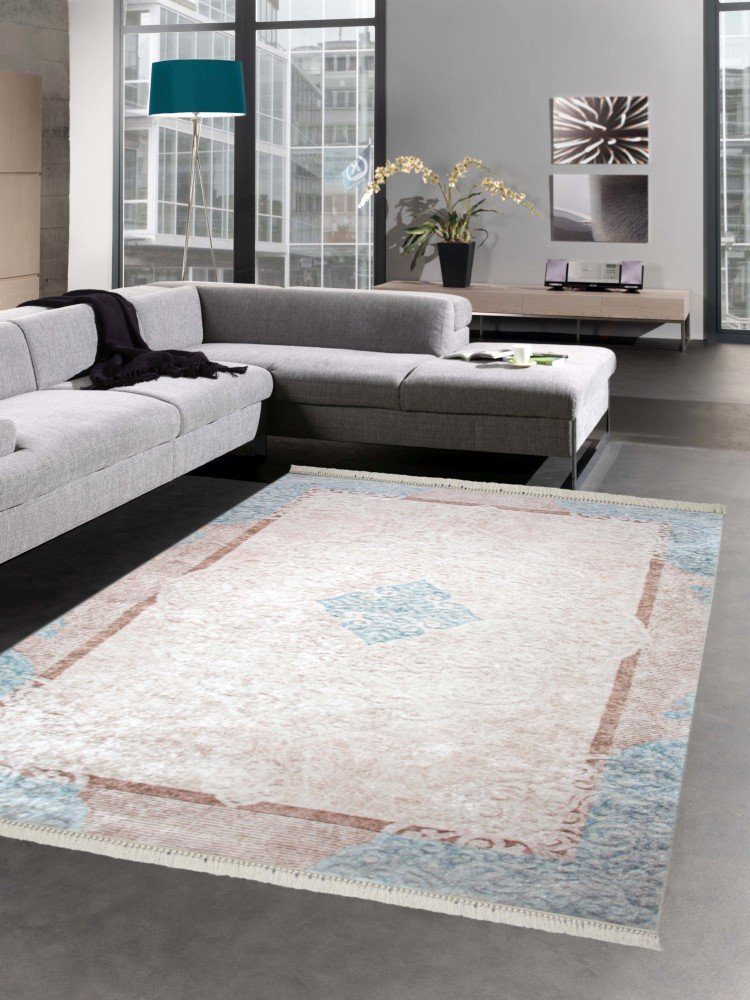 Carpetia, Bordüre beige 8 Teppich mm Höhe: rechteckig, türkis Teppich Print creme, Küchenteppich Waschbarer Teppich