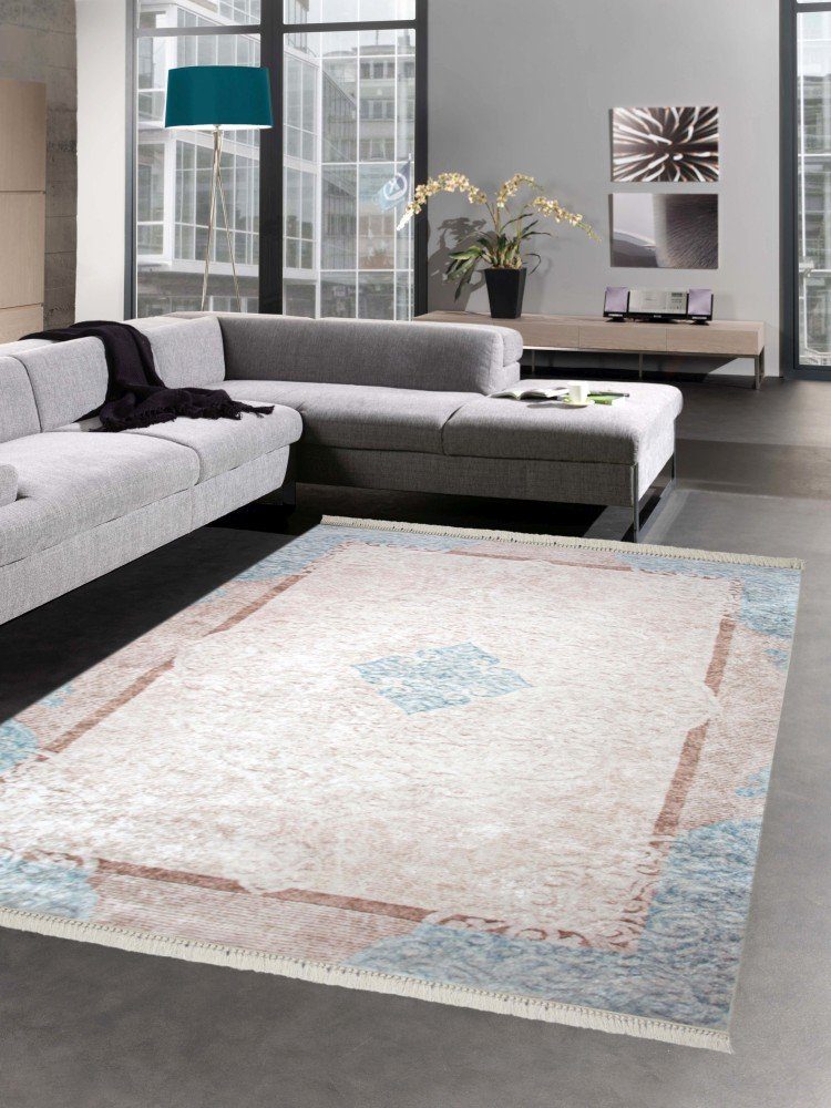 Teppich Waschbarer Teppich Print Teppich Küchenteppich Bordüre beige türkis  creme, Carpetia, rechteckig, Höhe: 8 mm
