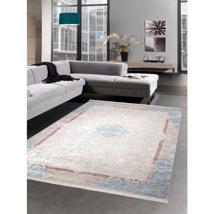 Teppich Waschbarer Teppich Print Teppich Küchenteppich Bordüre beige türkis creme Carpetia rechteckig Höhe: 8 mm