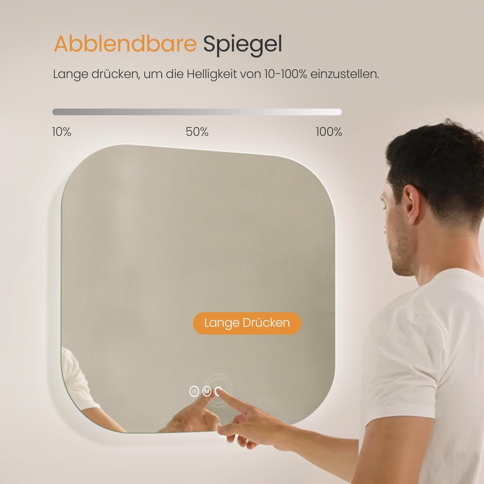 EMKE Badspiegel mit Beleuchtung 3 Lichtfarben Dimmbar Antibeschlag, Quadratischer Rahmenloser Badezimmerspiegel